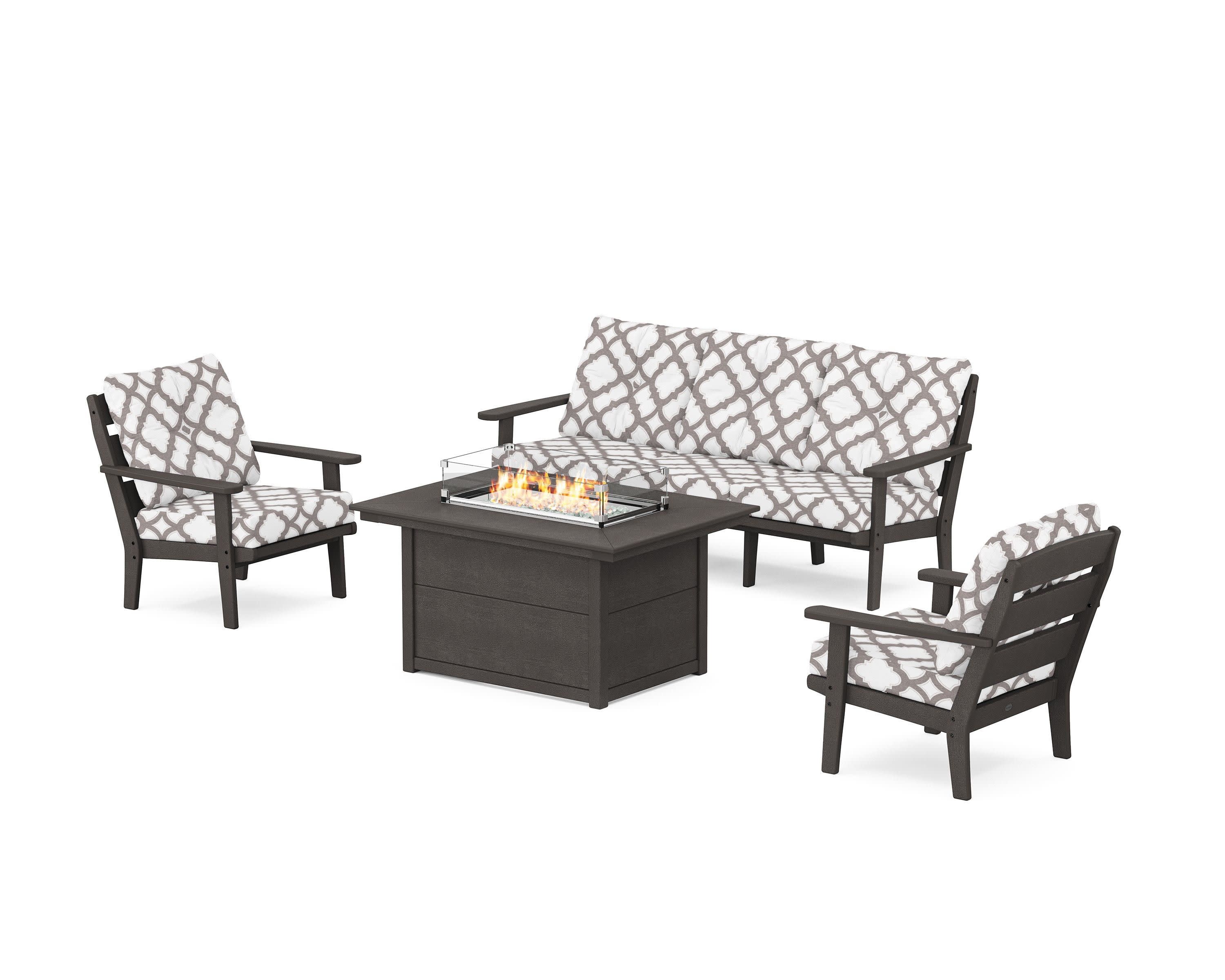 Lakeside Deep Seating Fire Pit Table Set in Vintage Coffee / Trellis Grey Mist