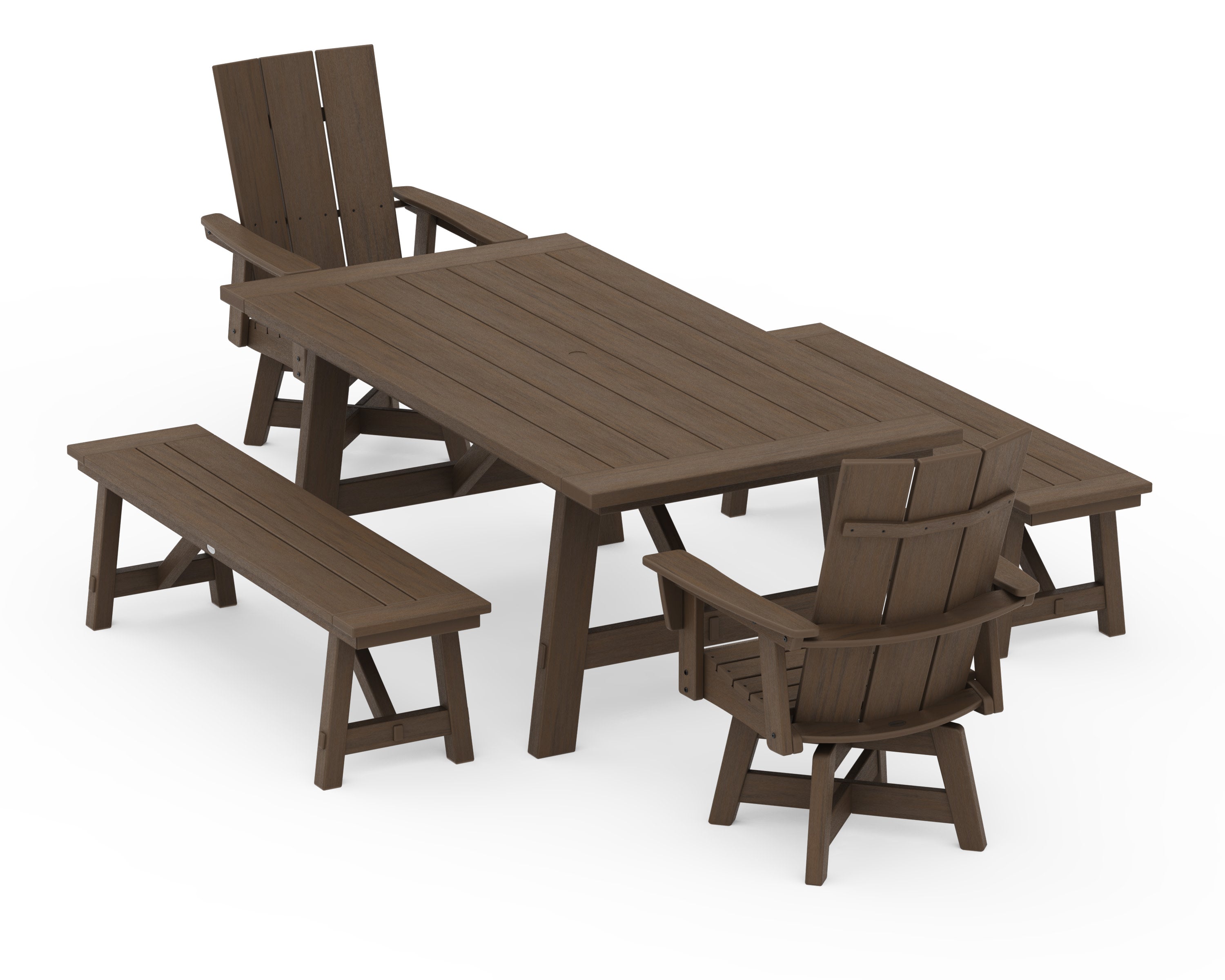 Modern Curveback Adirondack Swivel Chair 5-Piece Rustic Farmhouse Dining Set With Benches in Kona
