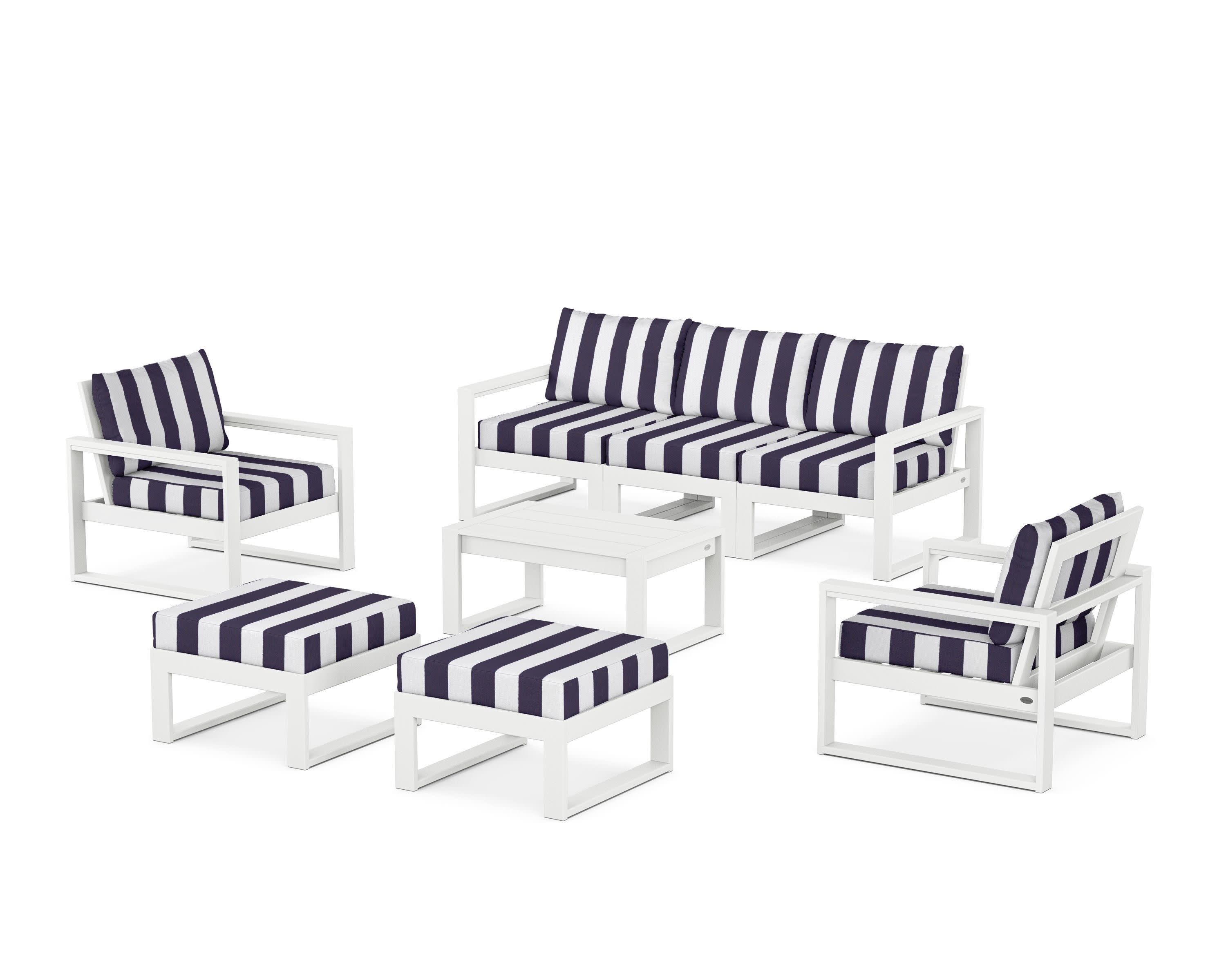 EDGE Sectional 8-Piece Lounge Sofa Set in White / Cabana Stripe Navy