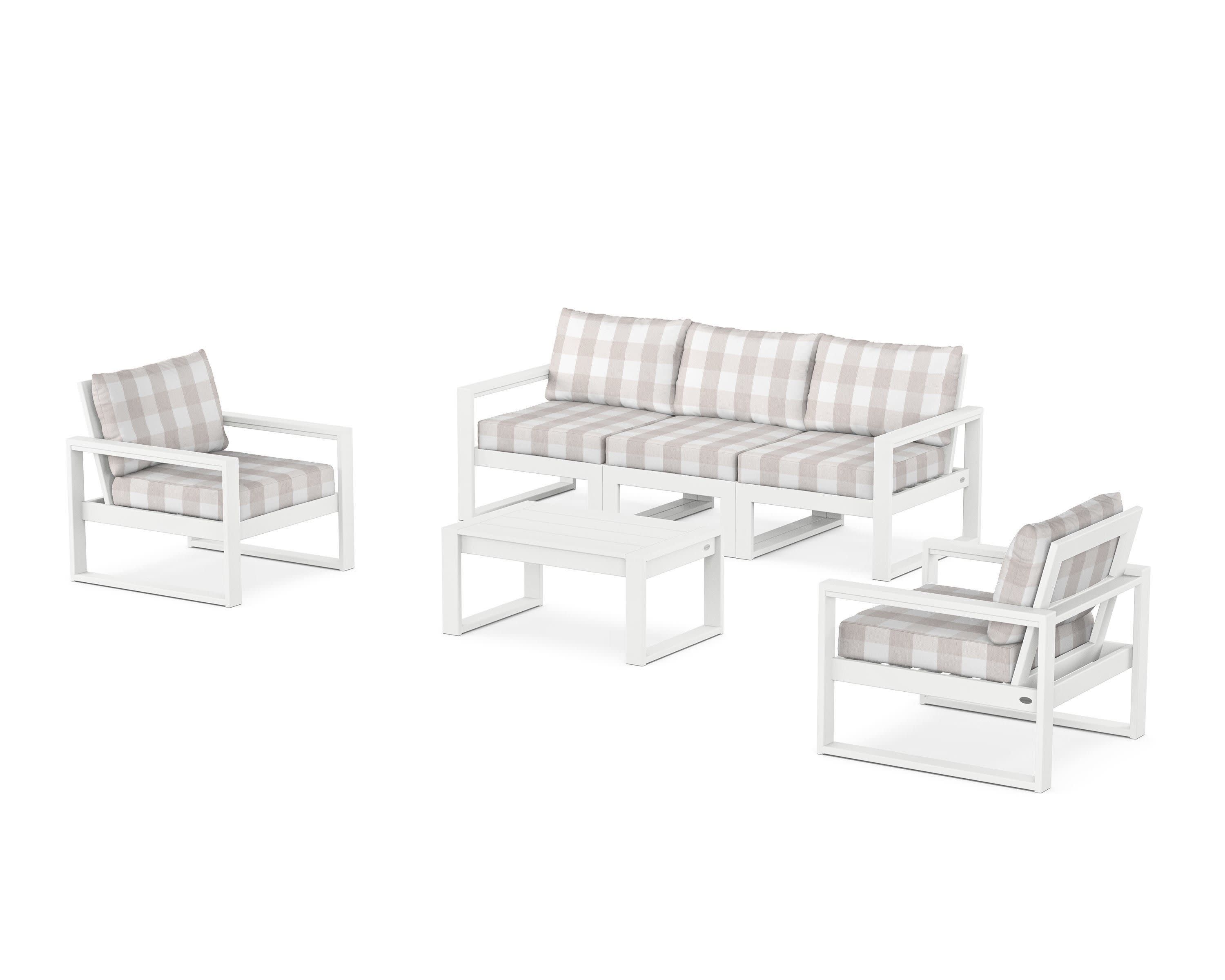 EDGE Sectional 4-Piece Deep Seating Set with Sofa in White / Buffalo Plaid Dune Burlap