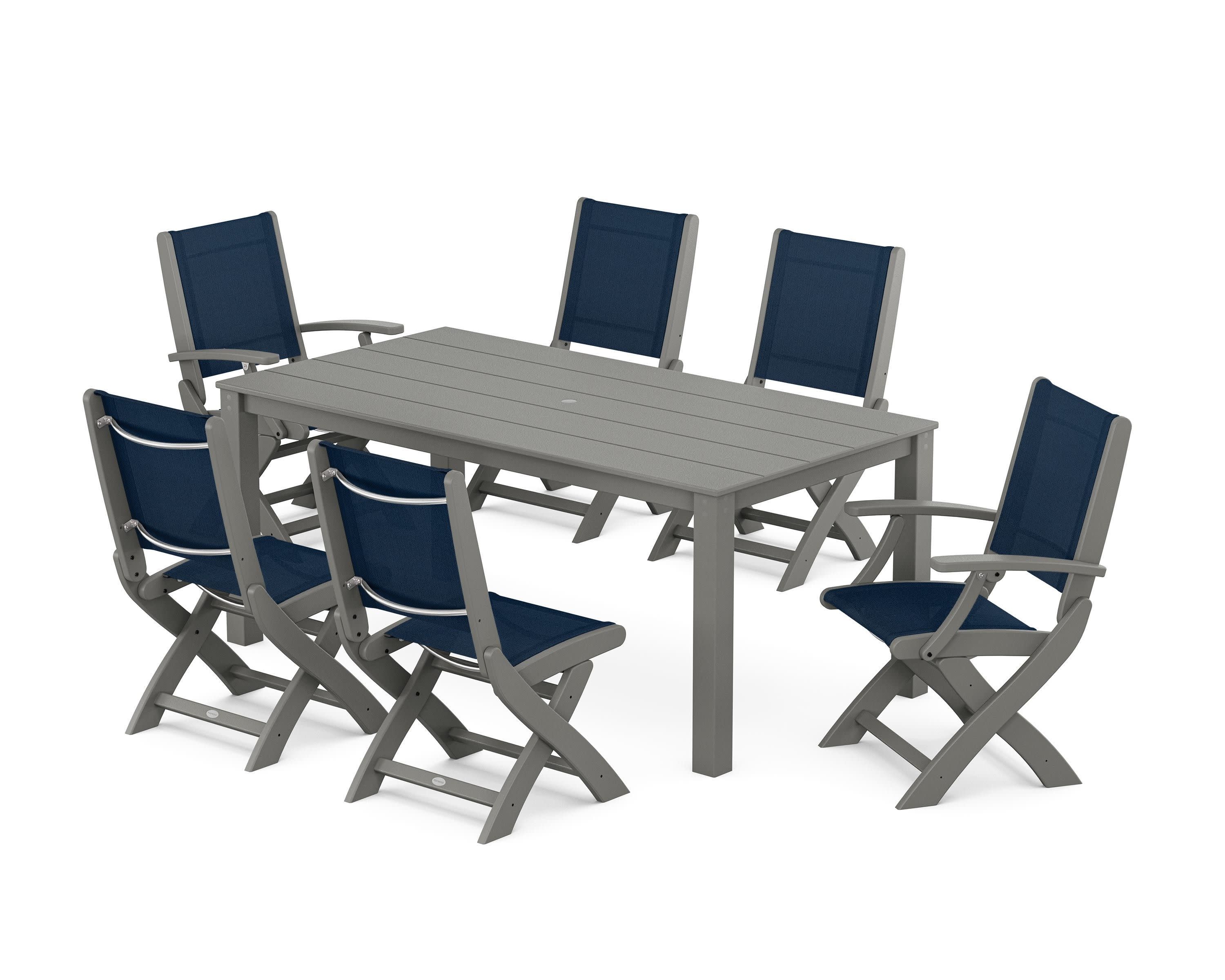 Coastal Folding Chair 7-Piece Parsons Dining Set in Slate Grey / Navy Blue Sling