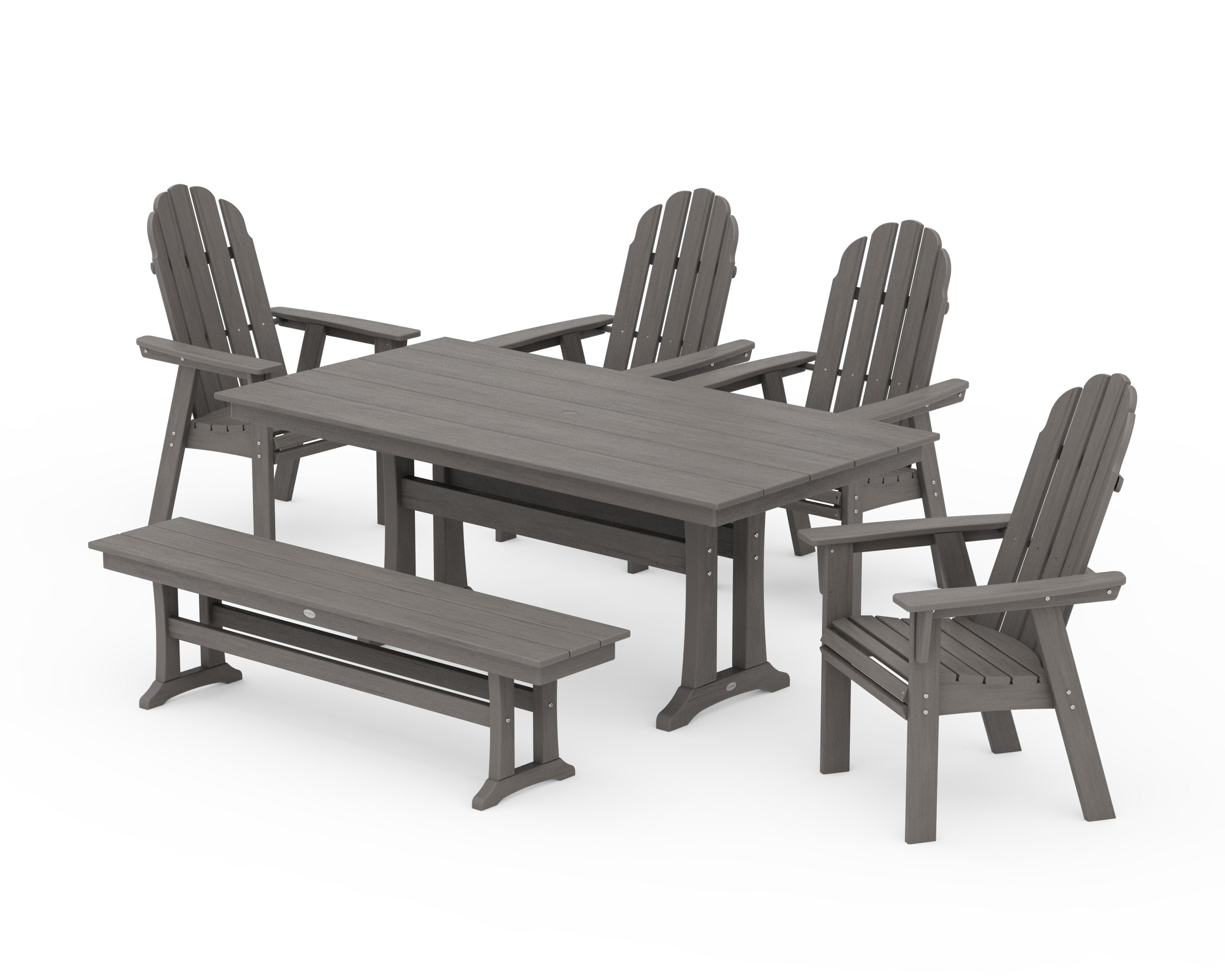 Vineyard Curveback Adirondack Chair 6-Piece Farmhouse Dining Set with Trestle Legs and Bench in Driftwood
