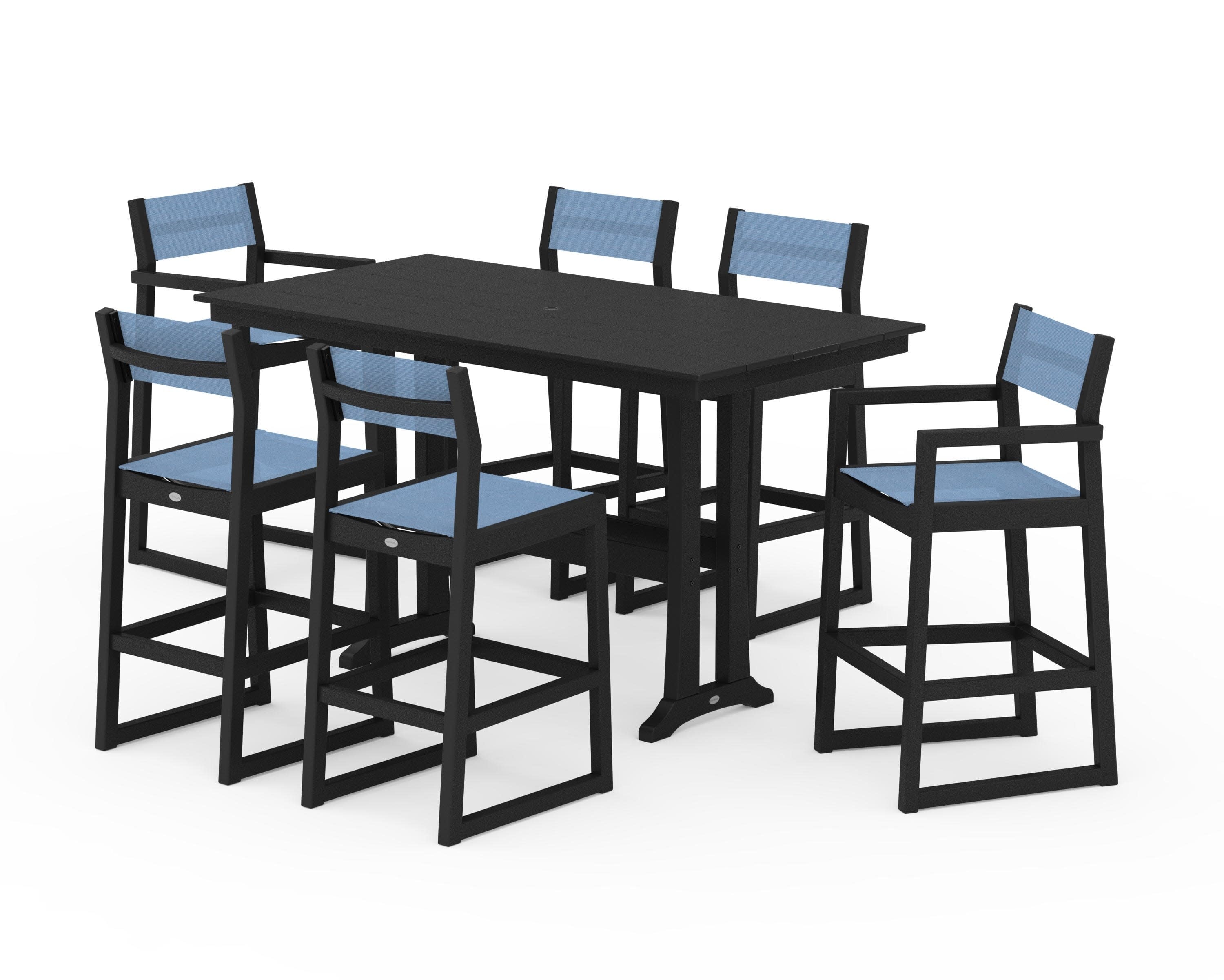 EDGE Sling 7-Piece Farmhouse Bar Set with Trestle Legs in Black / Poolside Sling