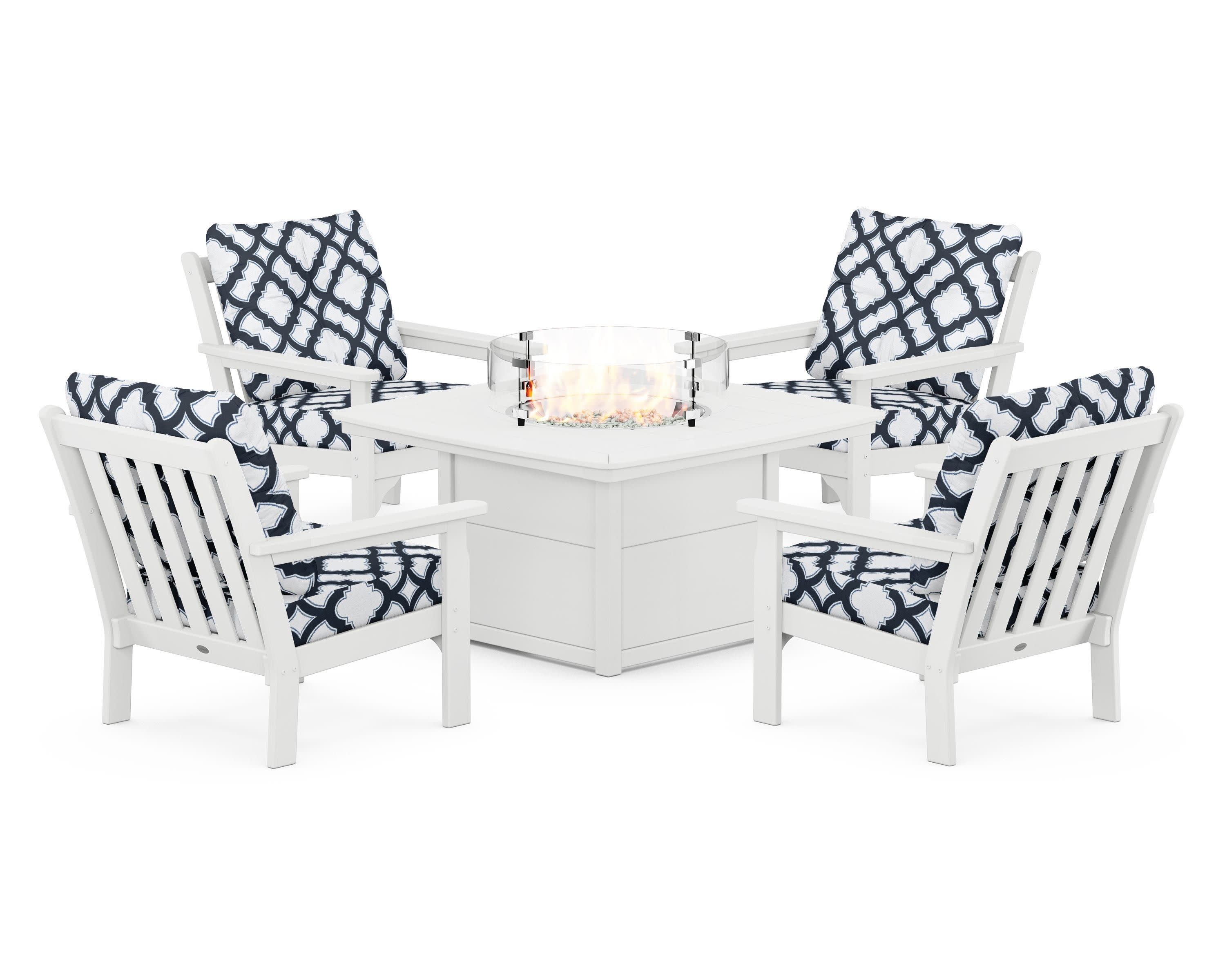 Vineyard 5-Piece Conversation Set with Fire Pit Table in White / Trellis Marine Indigo