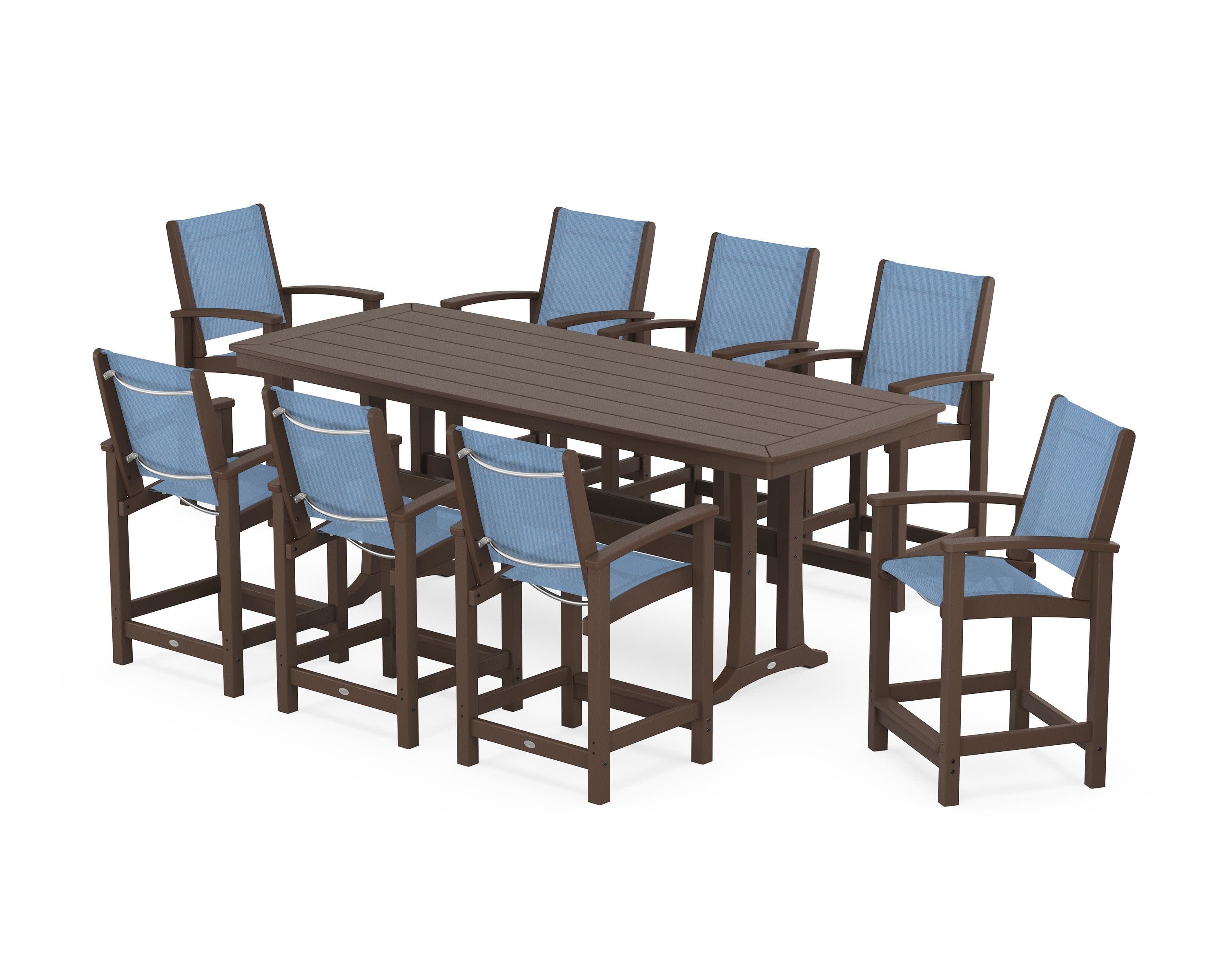 Coastal 9-Piece Counter Set with Trestle Legs in Mahogany / Poolside Sling
