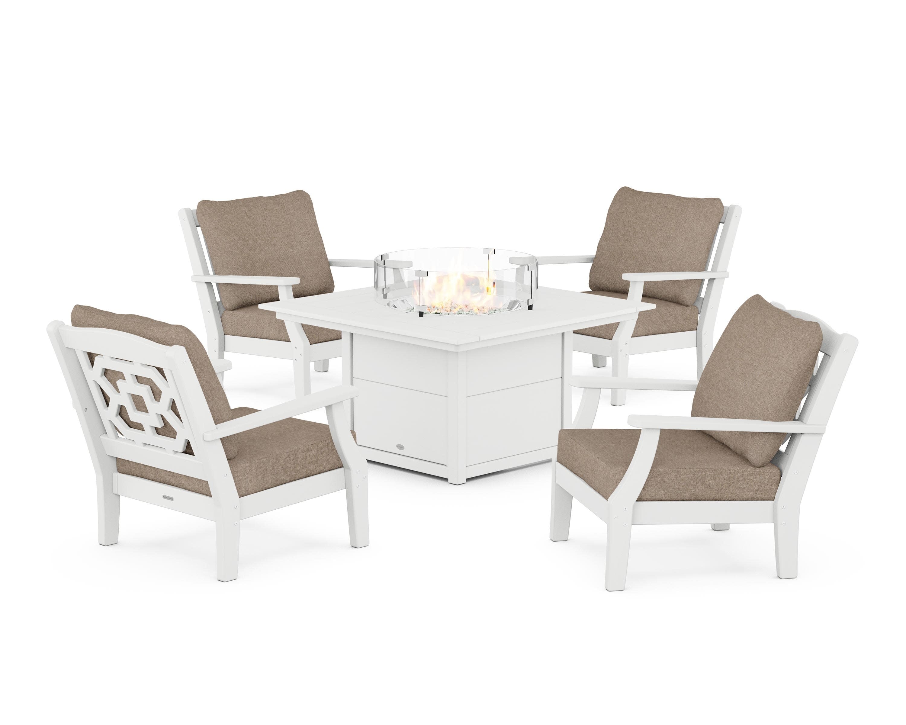 Chinoiserie 5-Piece Deep Seating Set with Fire Pit Table in White / Spiced Burlap