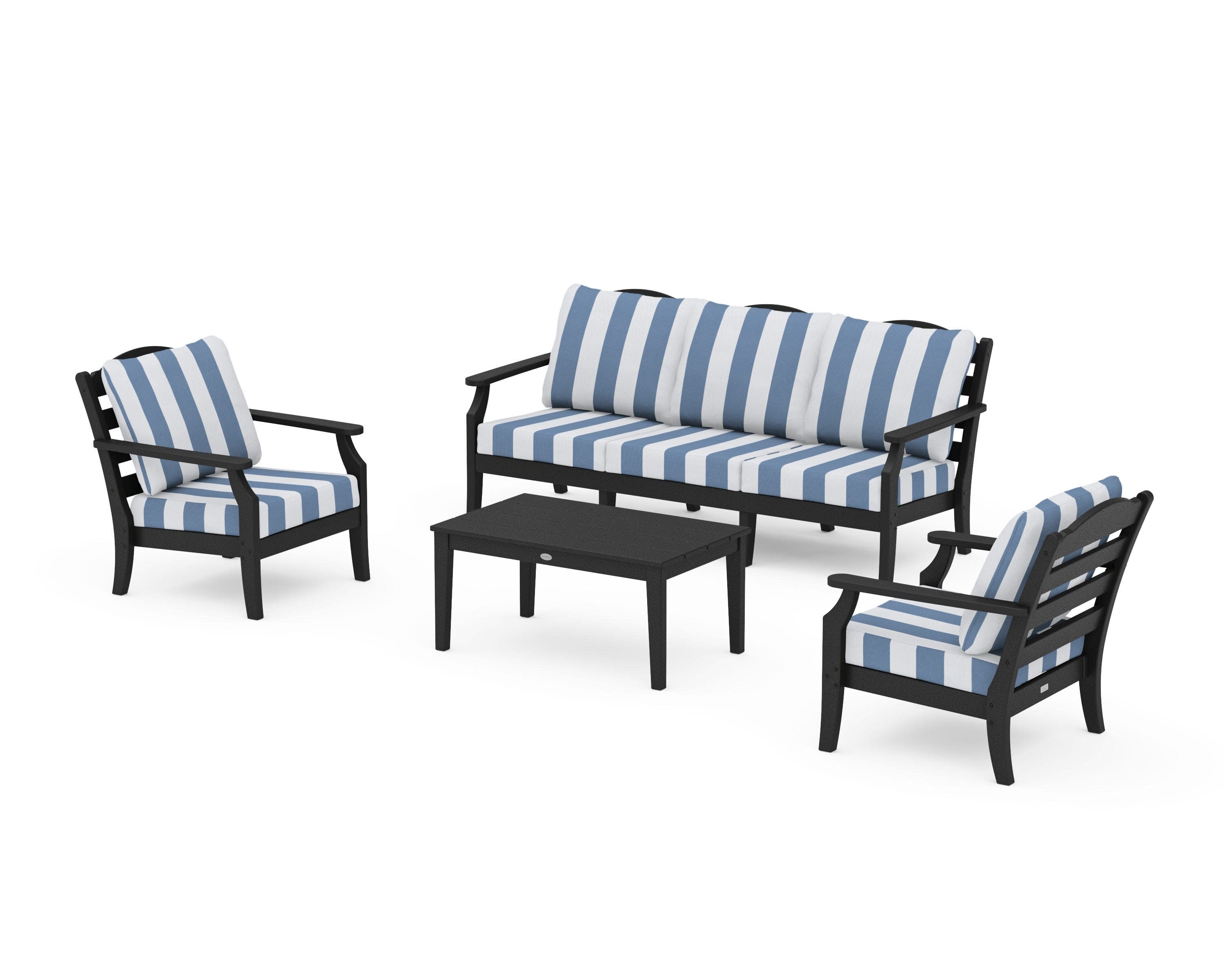 Savannah 4-Piece Deep Seating Set with Sofa in Black / Cabana Stripe Sky Blue