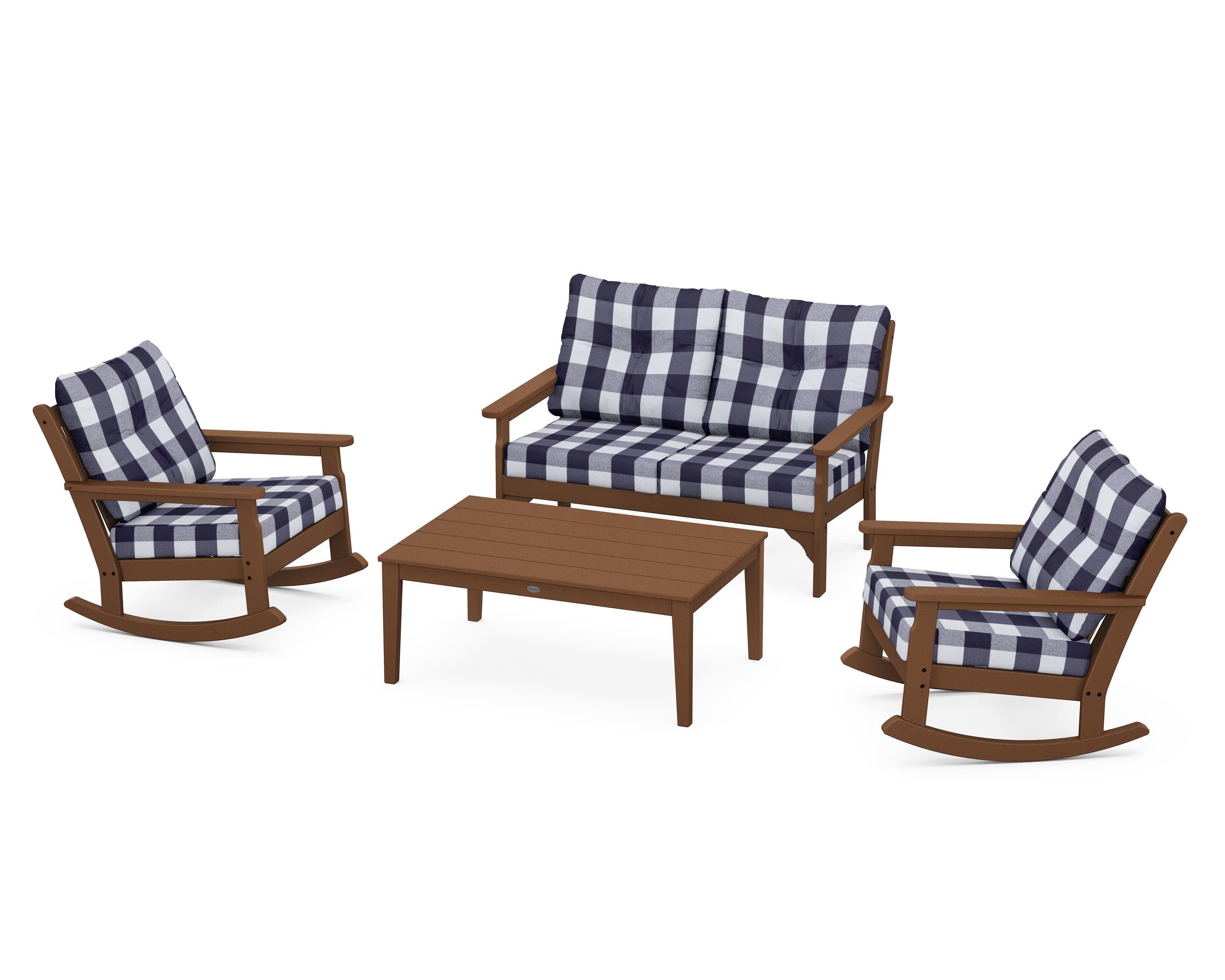 Vineyard 4-Piece Deep Seating Rocking Chair Set in Teak / Buffalo Plaid Navy
