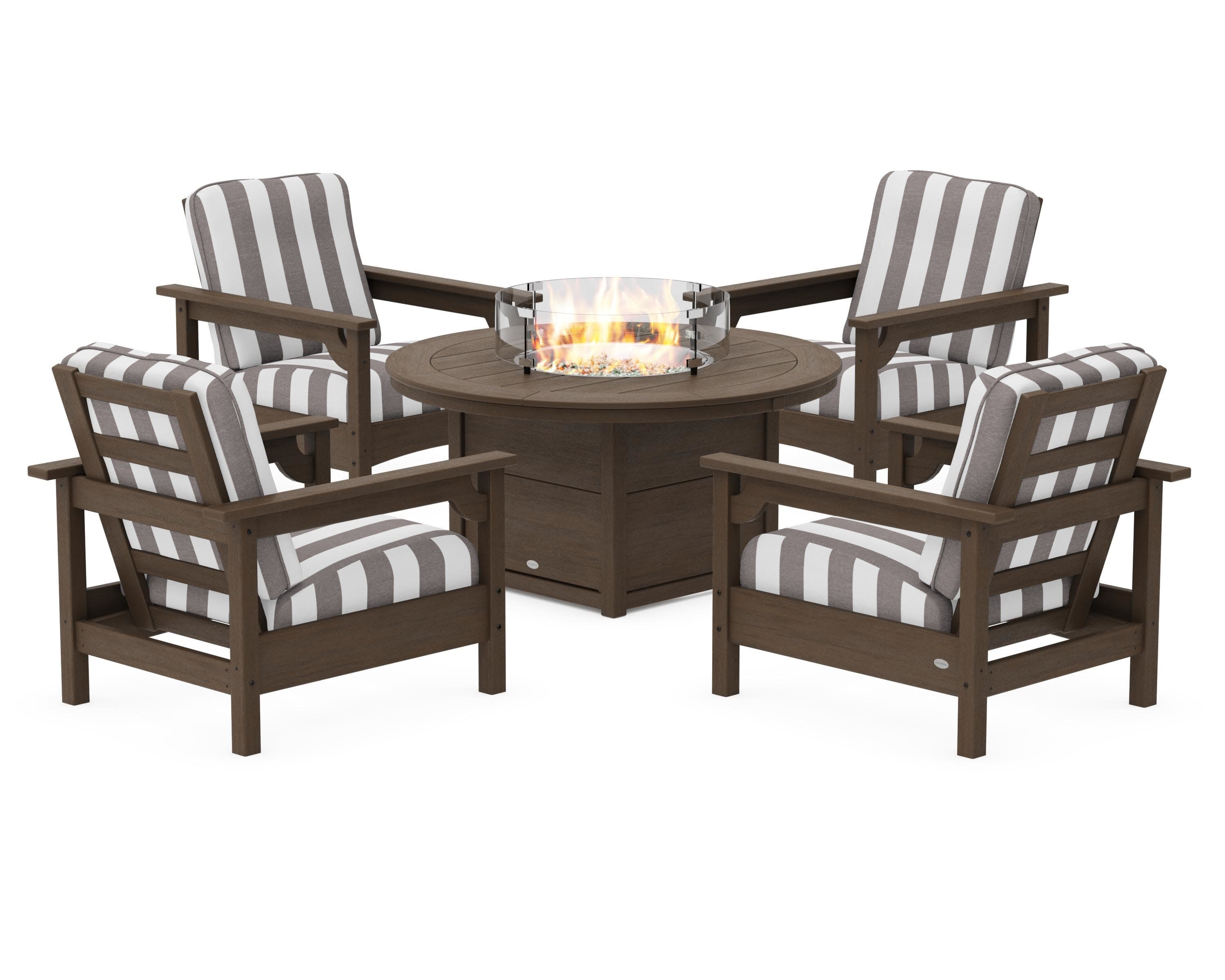 Club 5-Piece Conversation Set with Fire Pit Table in Kona / Cabana Stripe Grey Mist