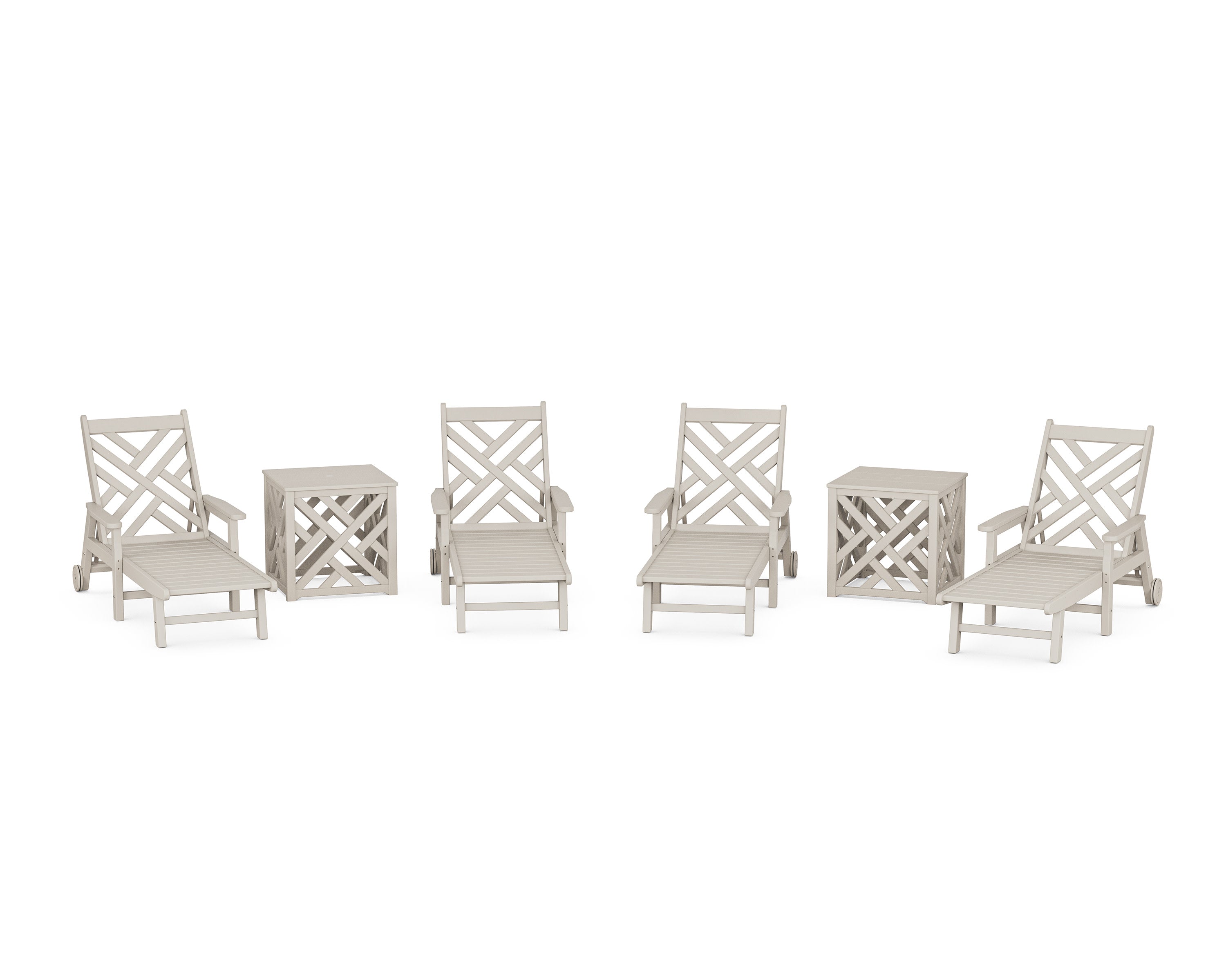 Chippendale 6-Piece Chaise Set with Umbrella Stand Accent Table in Sand