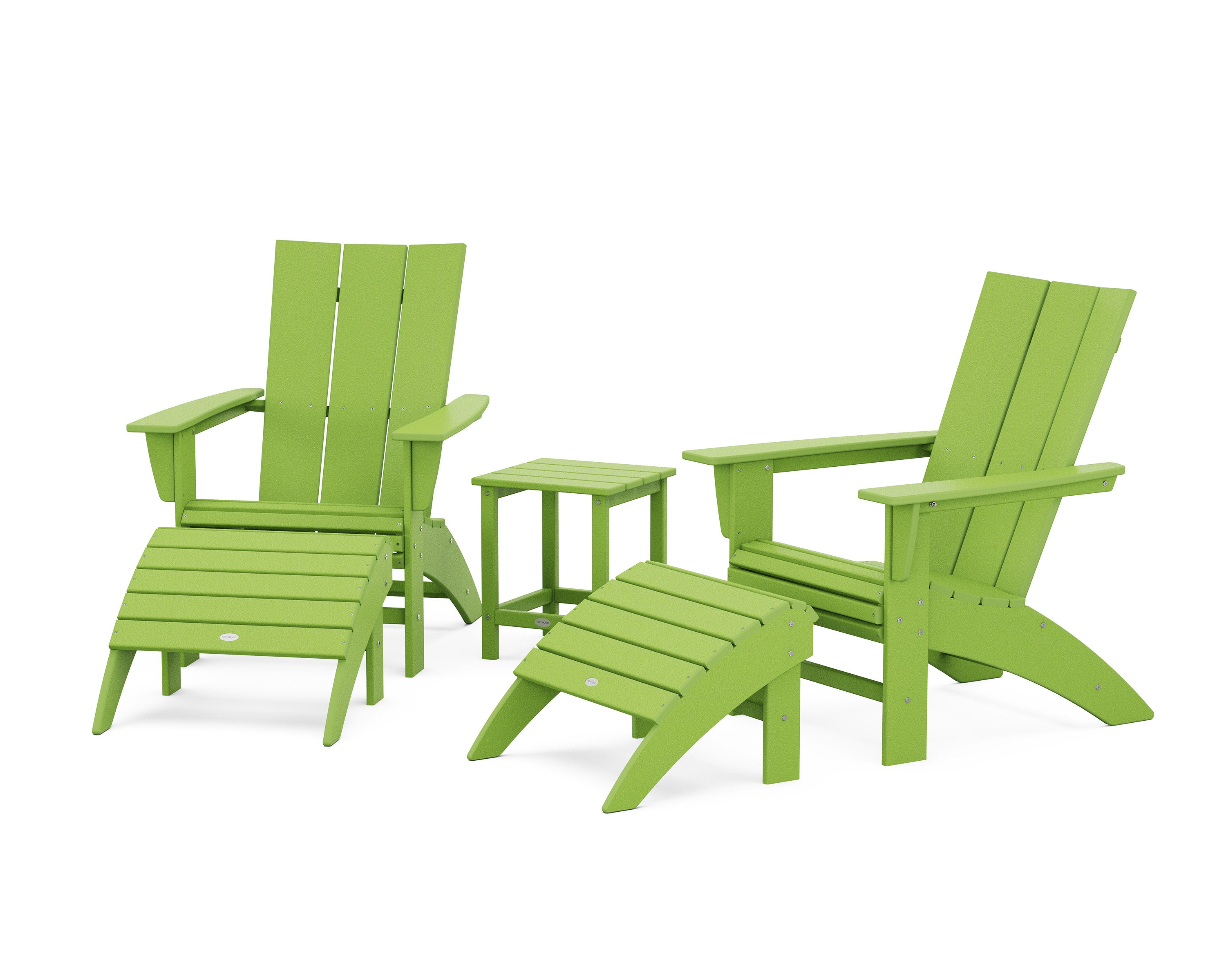Modern Curveback Adirondack Chair 5-Piece Set with Ottomans and 18" Side Table in Lime