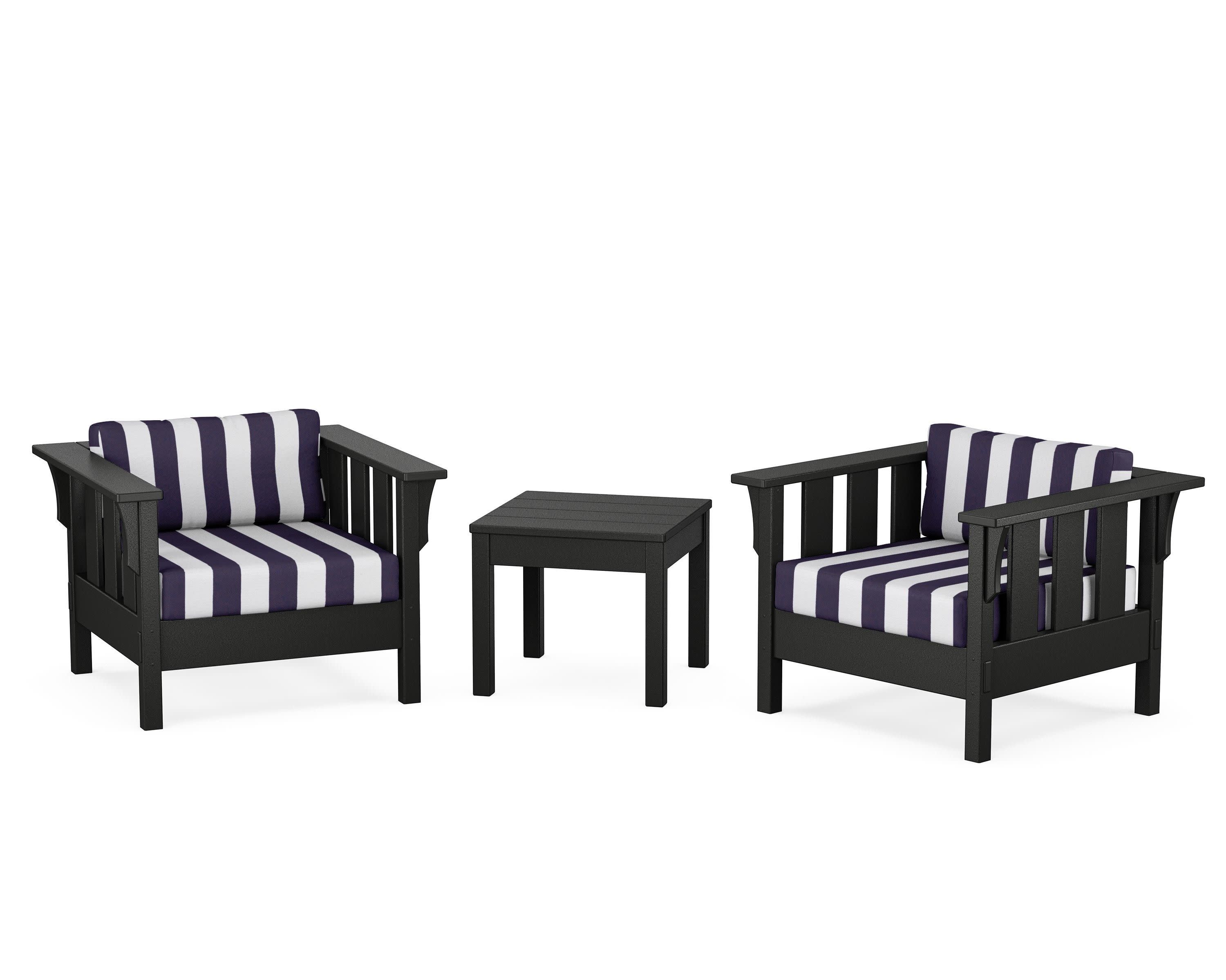 Acadia 3-Piece Deep Seating Set in Black / Cabana Stripe Navy