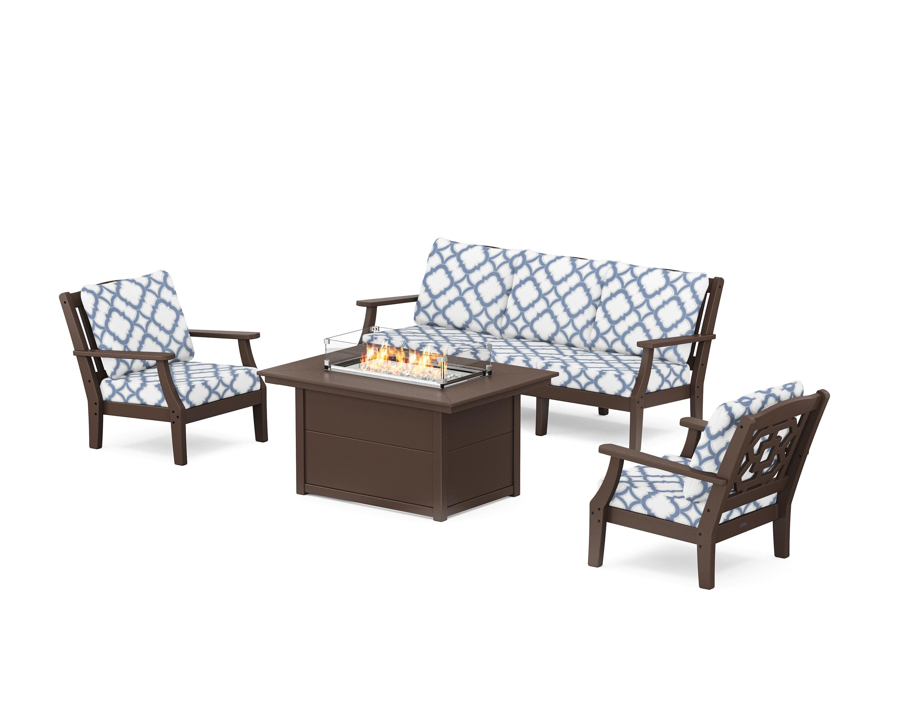 Chinoiserie Deep Seating Fire Pit Table Set in Mahogany / Trellis Sky Blue