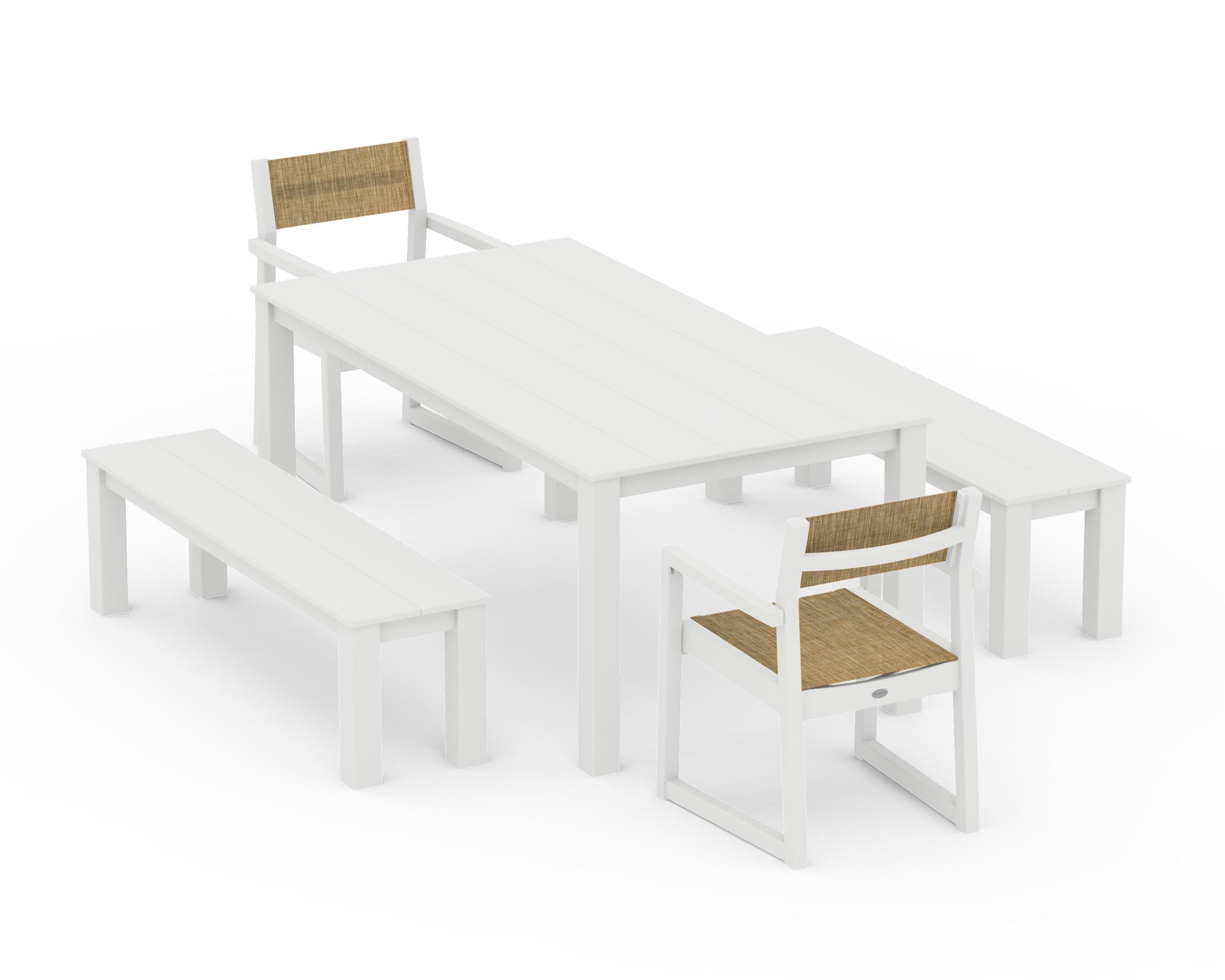 EDGE Sling Arm Chair 5-Piece Parsons Dining Set with Benches in Vintage White / Burlap Sling