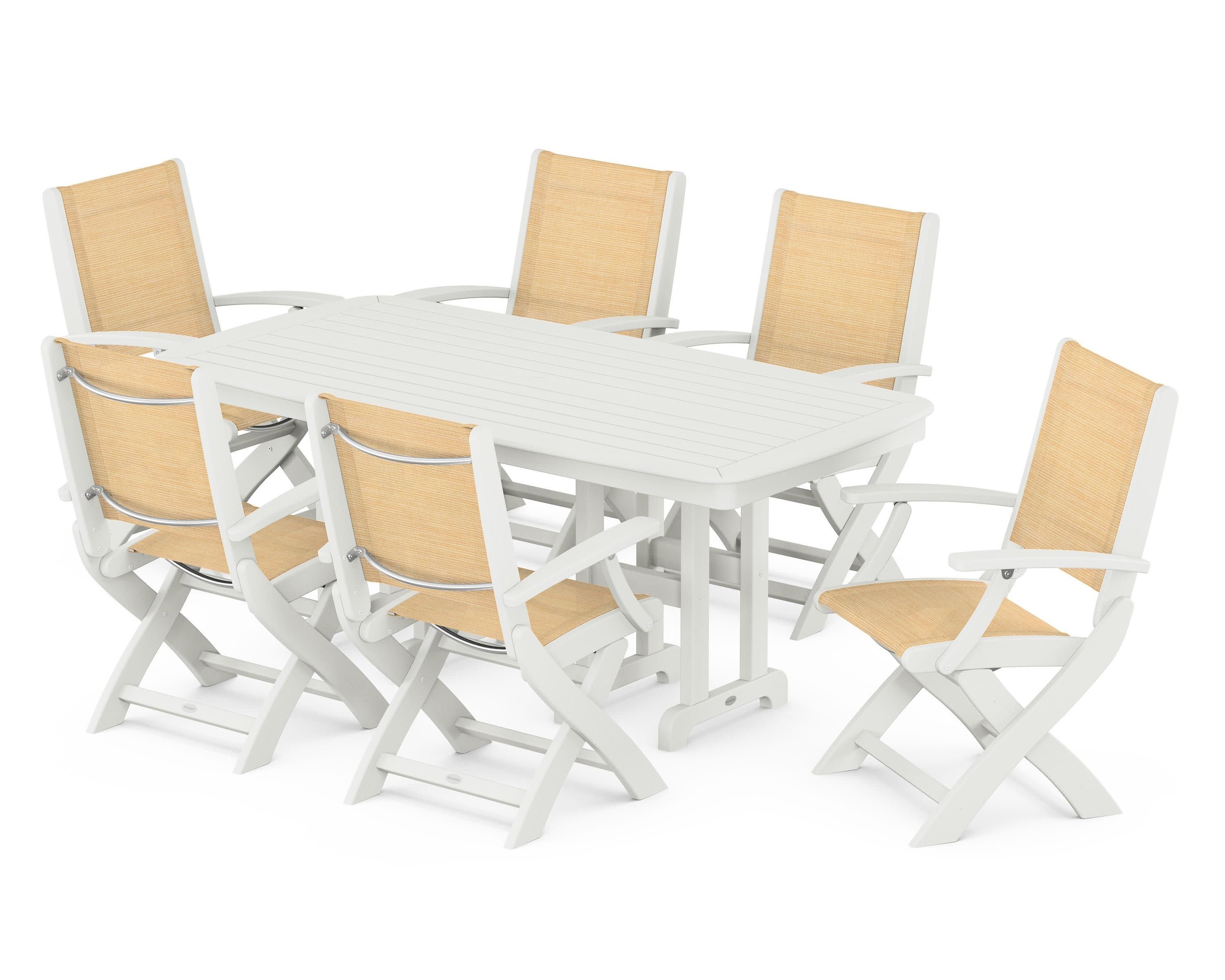 Coastal Folding Arm Chair 7-Piece Dining Set in Vintage White / Dupioni Apricot Sling