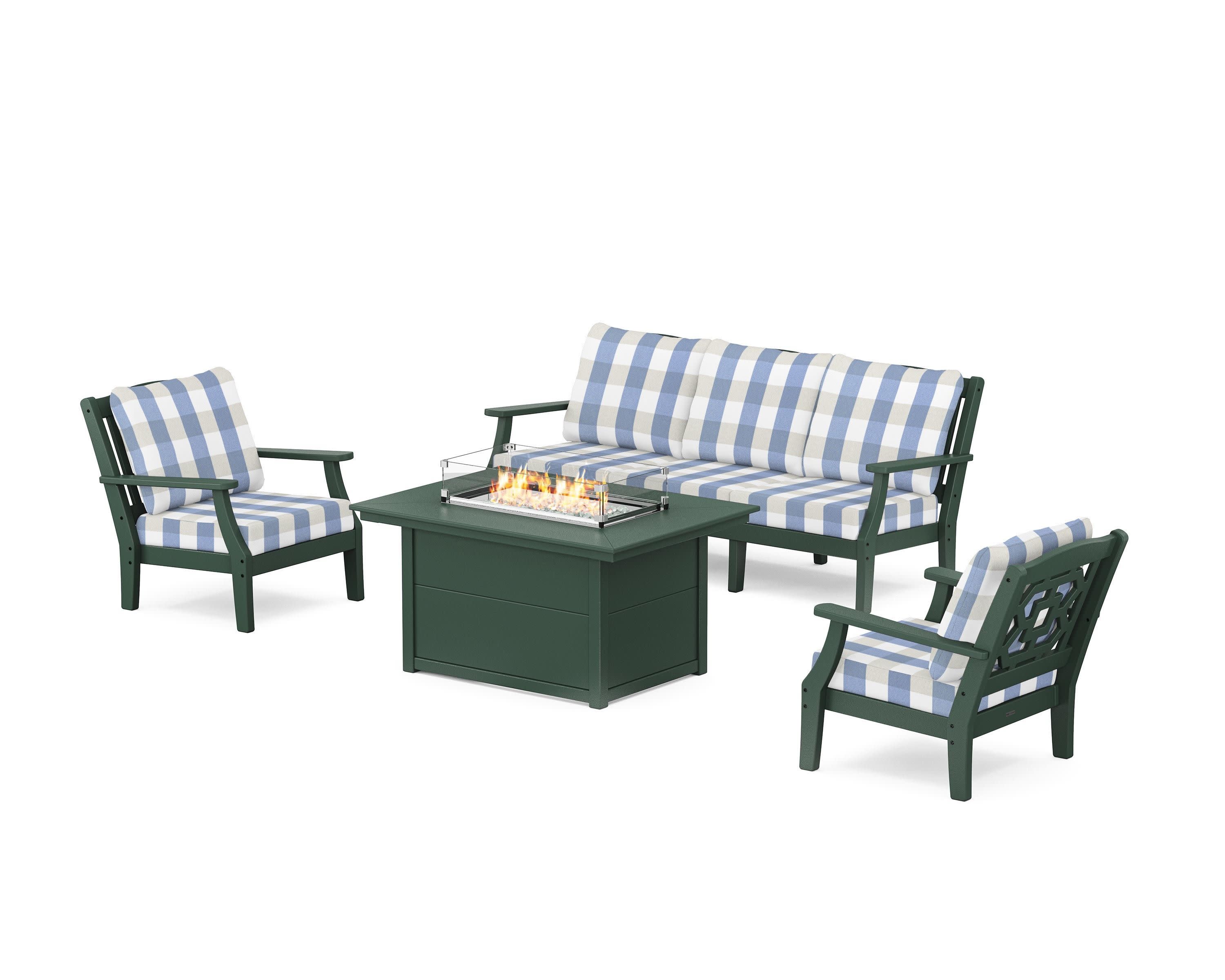 Chinoiserie Deep Seating Fire Pit Table Set in Green / Buffalo Plaid Sky Blue