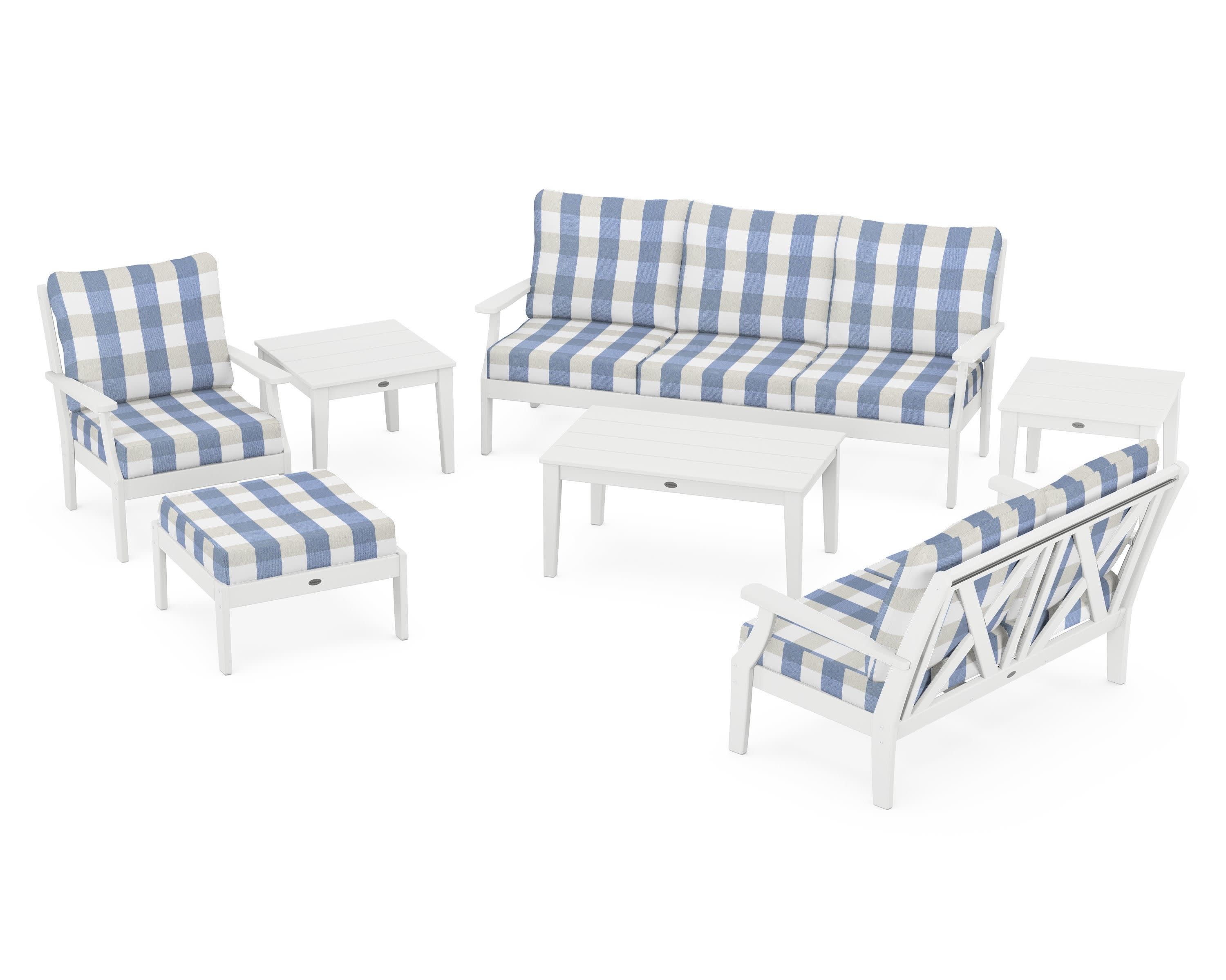 Braxton 7-Piece Deep Seating Set in White / Buffalo Plaid Sky Blue