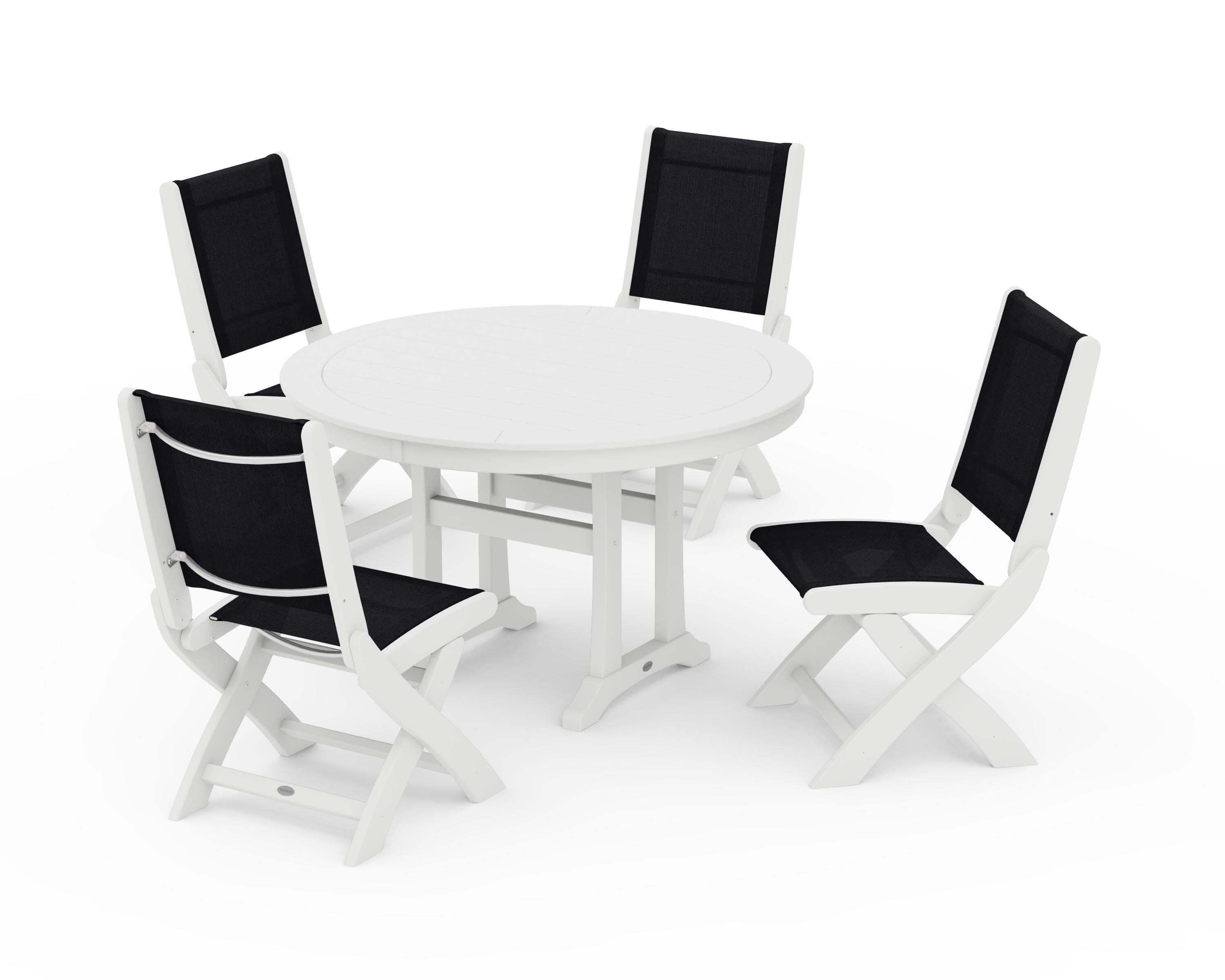Coastal Folding Side Chair 5-Piece Round Dining Set With Trestle Legs in White / Black Sling