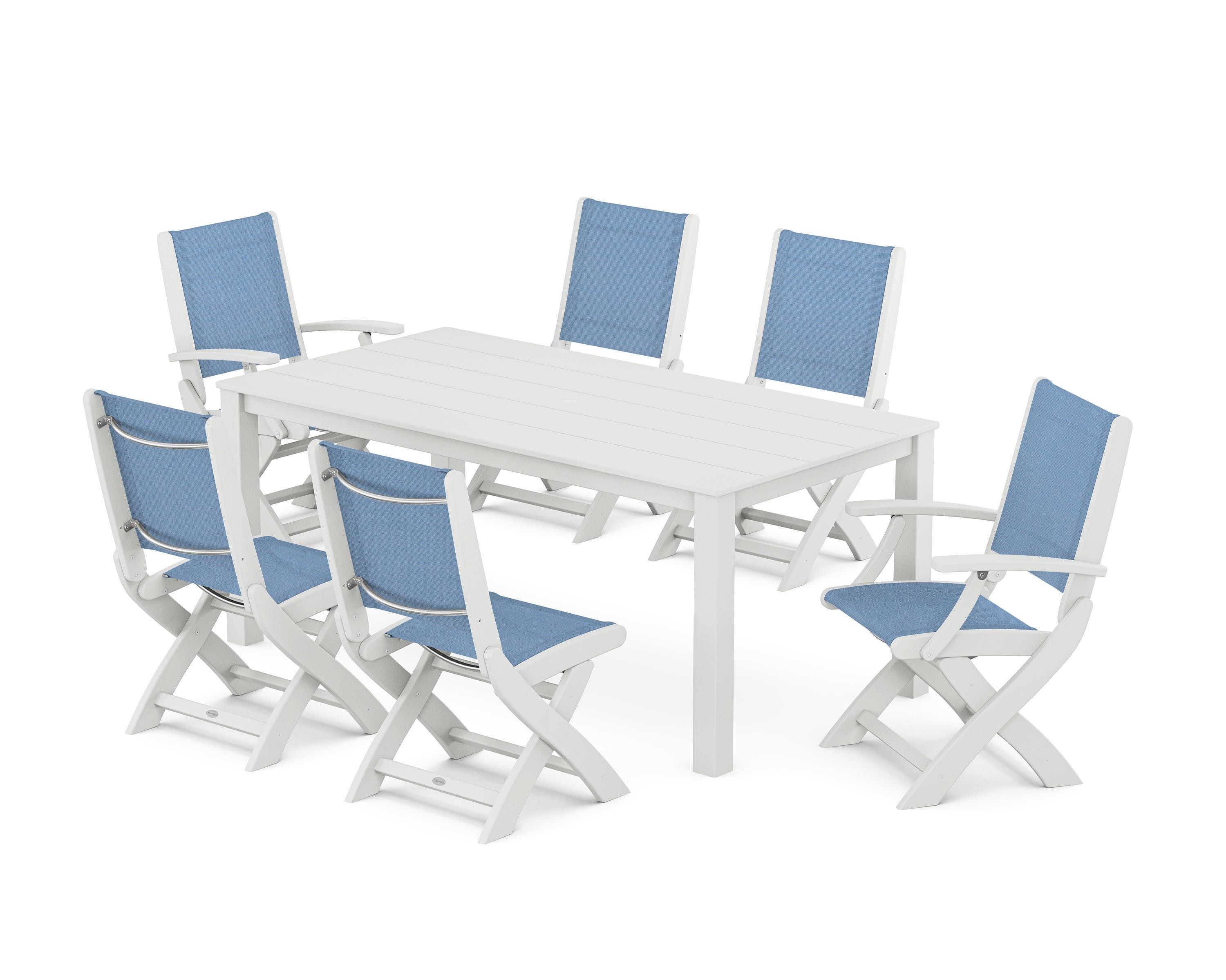 Coastal Folding Chair 7-Piece Parsons Dining Set in White / Poolside Sling