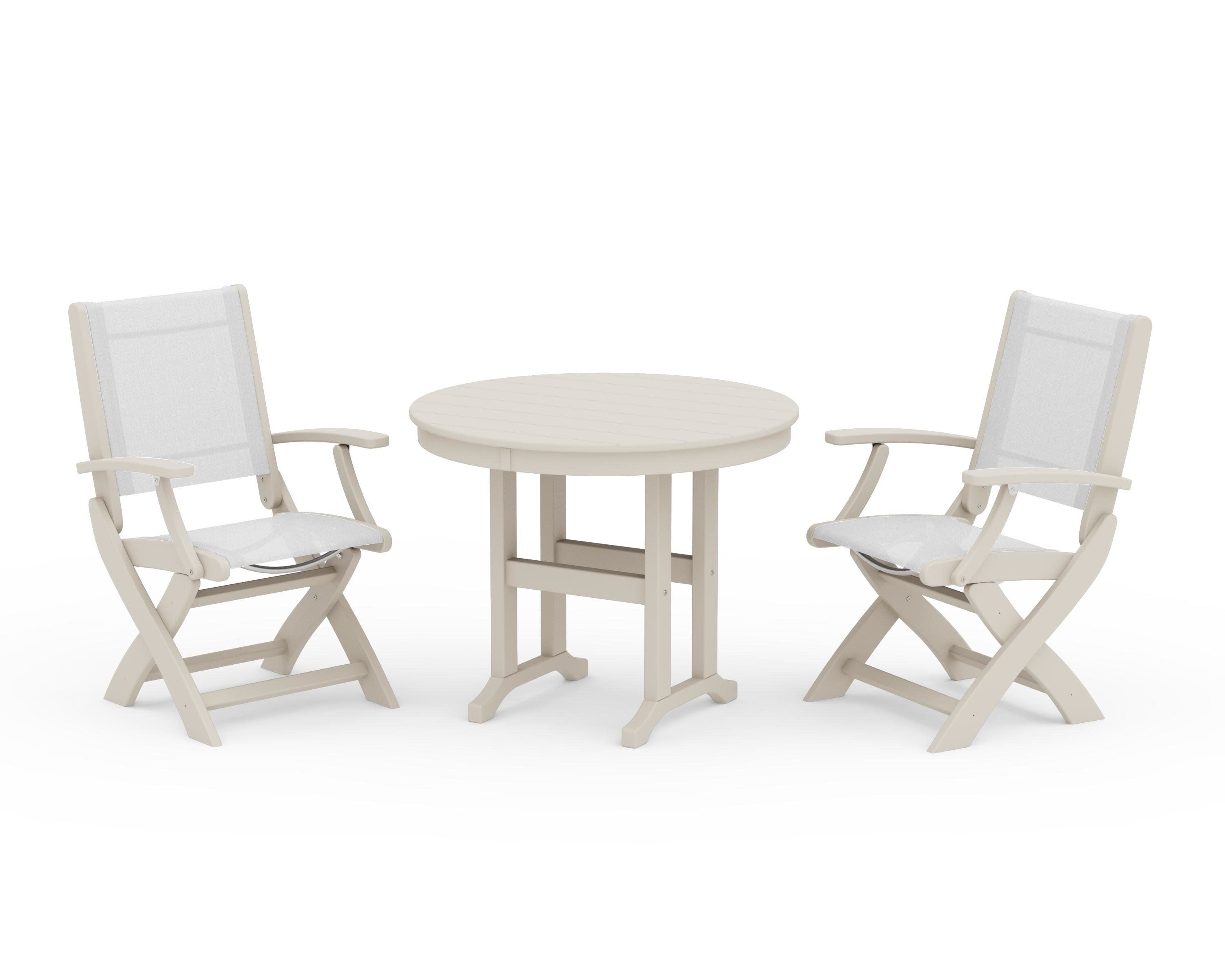 Coastal Folding Chair 3-Piece Round Dining Set in Sand / White Sling