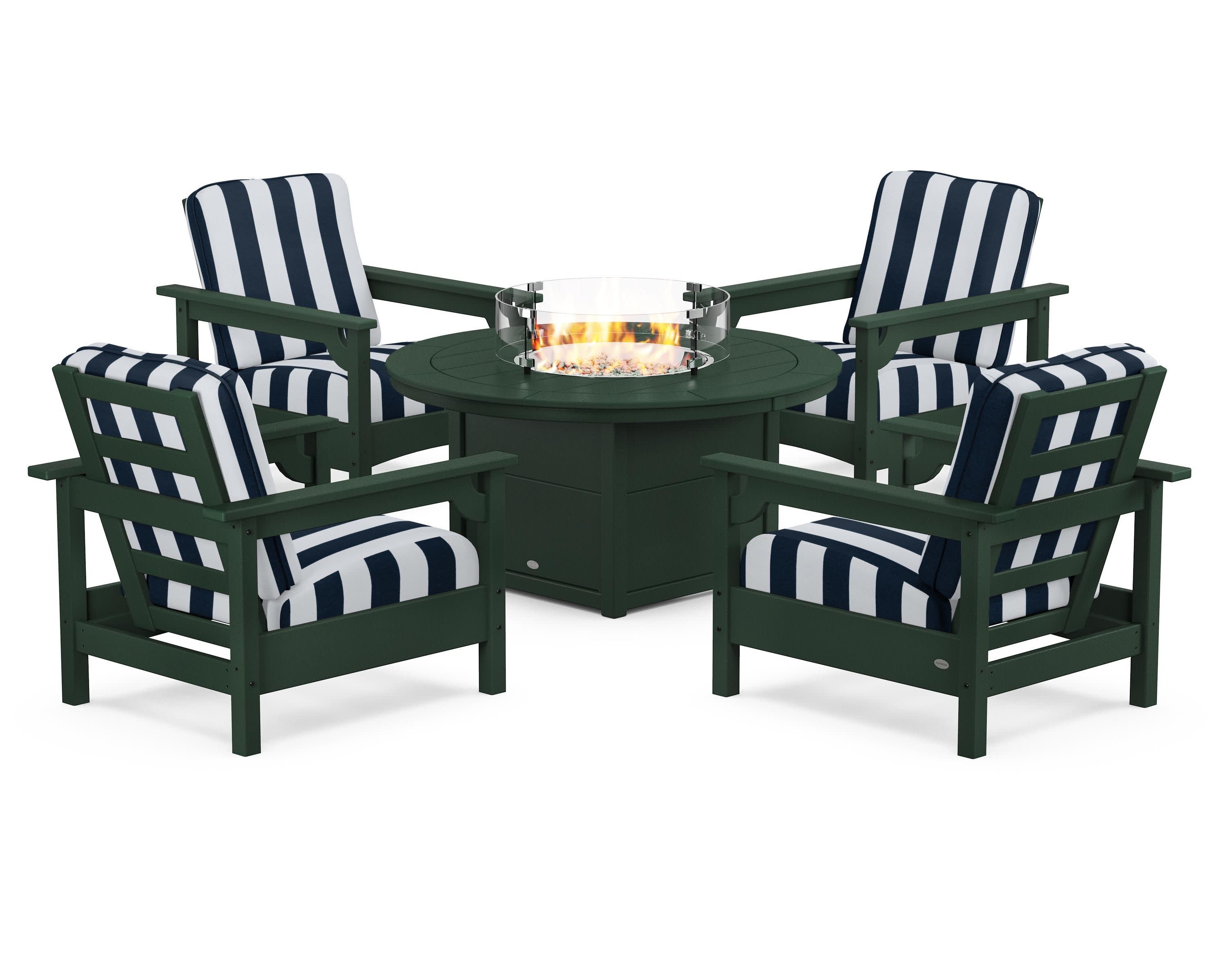 Club 5-Piece Conversation Set with Fire Pit Table in Green / Cabana Stripe Marine Indigo