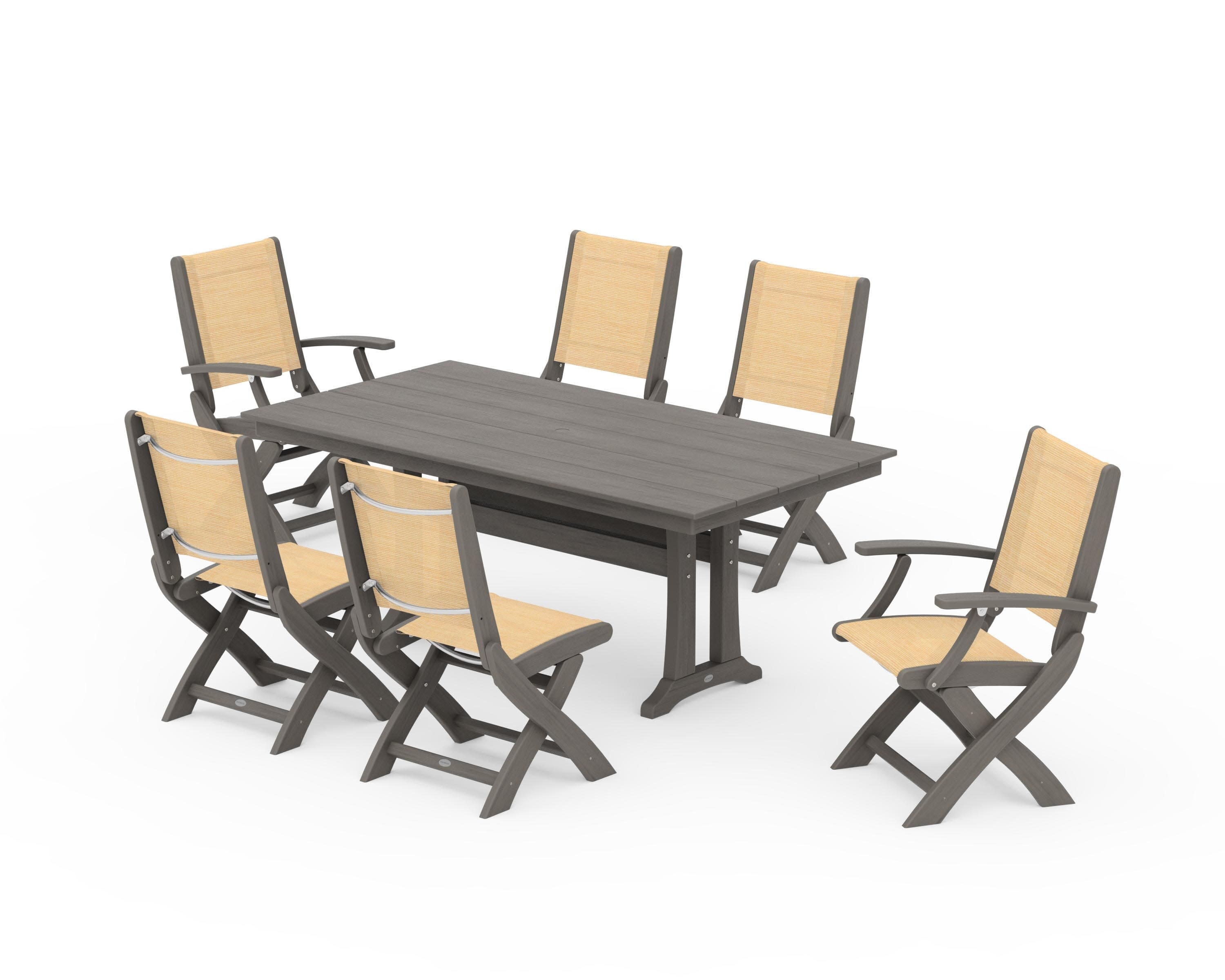 Coastal Folding Chair 7-Piece Farmhouse Dining Set with Trestle Legs in Driftwood / Dupioni Apricot Sling