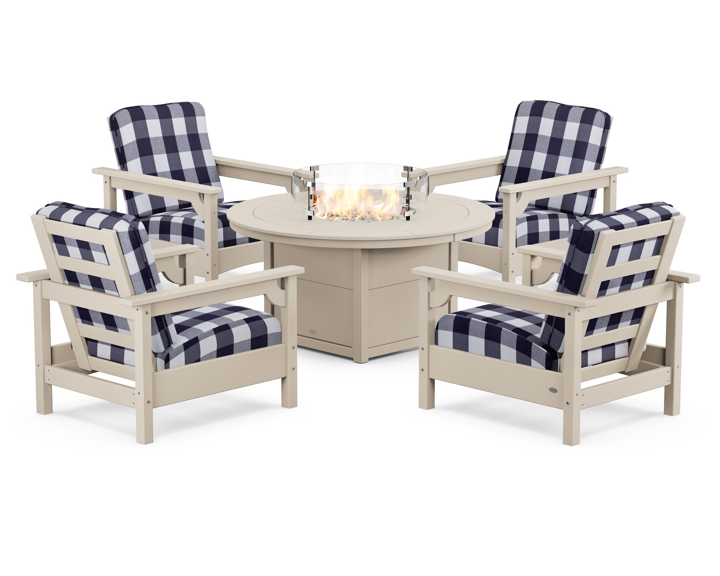 Club 5-Piece Conversation Set with Fire Pit Table in Sand / Buffalo Plaid Navy