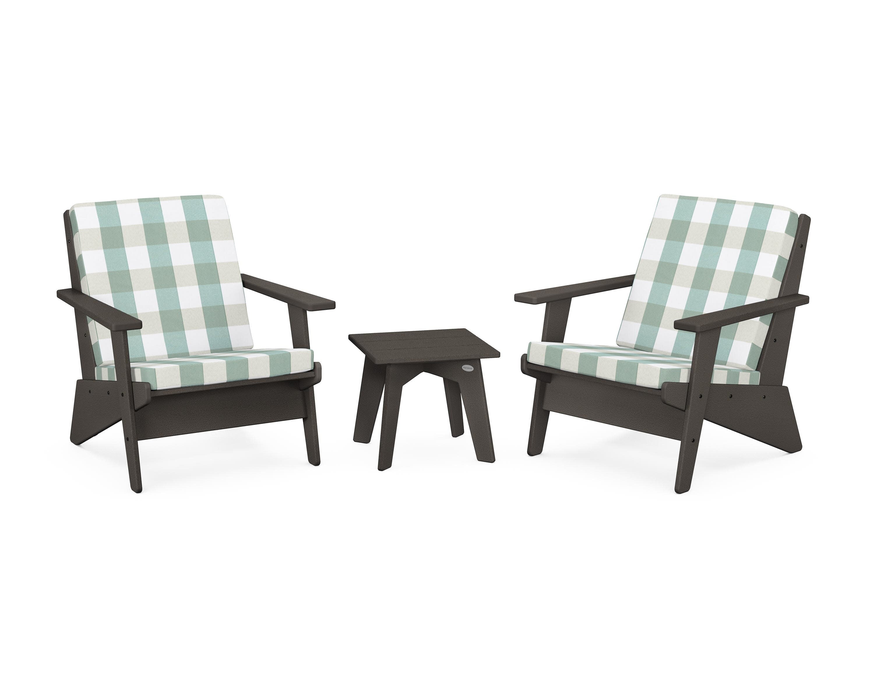 Riviera Modern Lounge 3-Piece Set in Vintage Coffee / Buffalo Plaid Glacier Spa