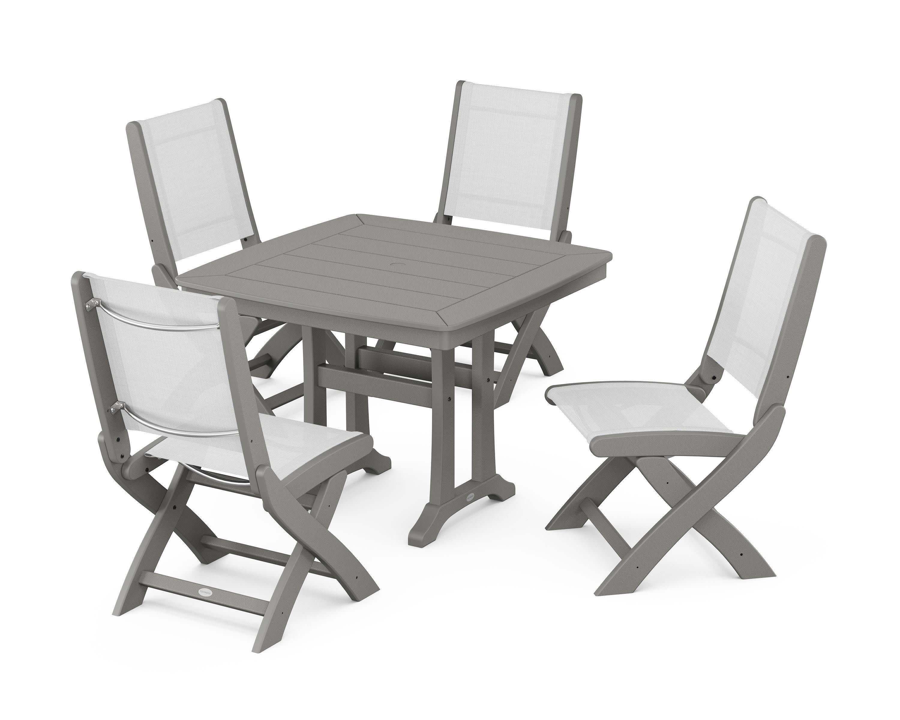 Coastal Folding Side Chair 5-Piece Dining Set with Trestle Legs in Slate Grey / White Sling