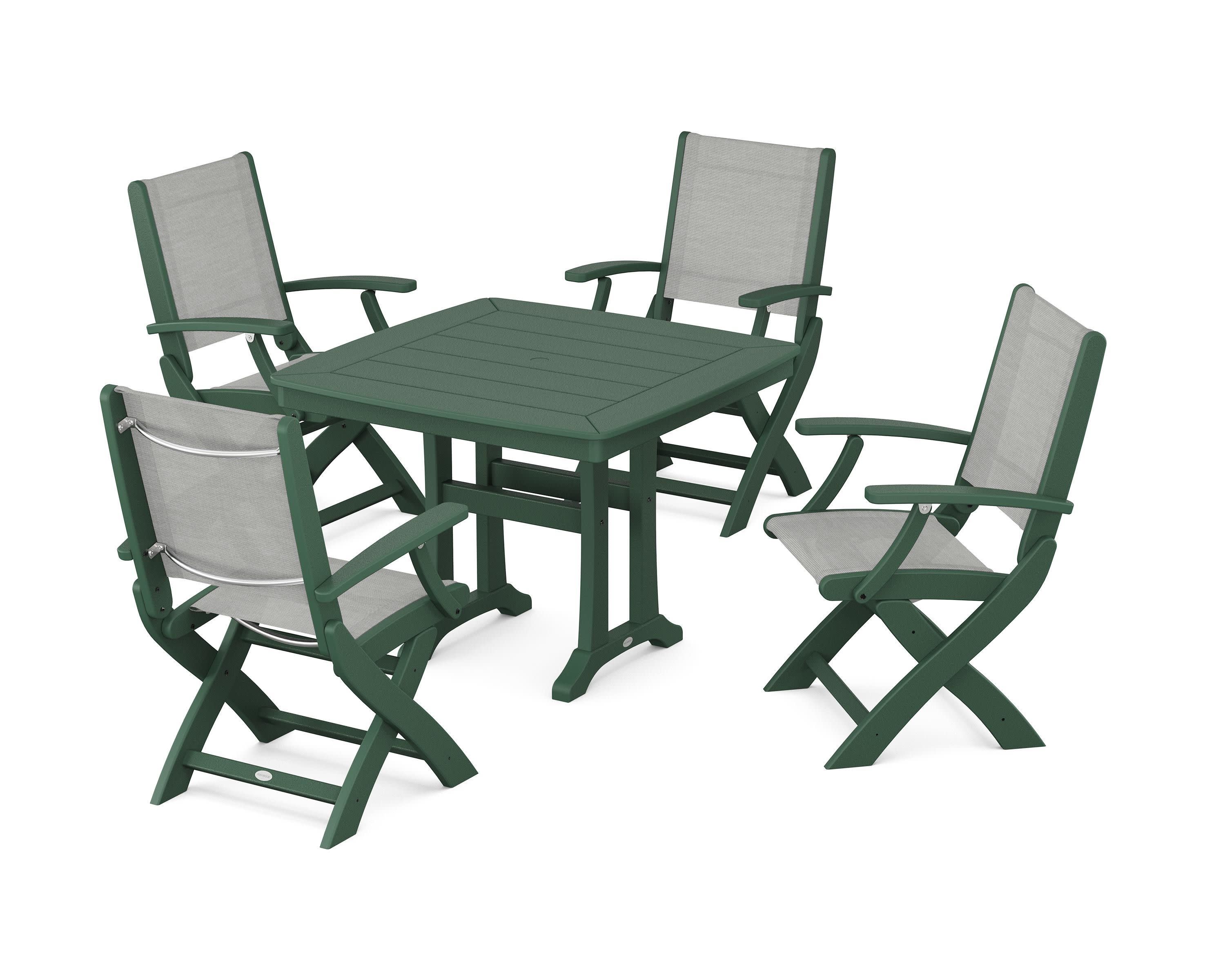 Coastal Folding Chair 5-Piece Dining Set with Trestle Legs in Green / Metallic Sling
