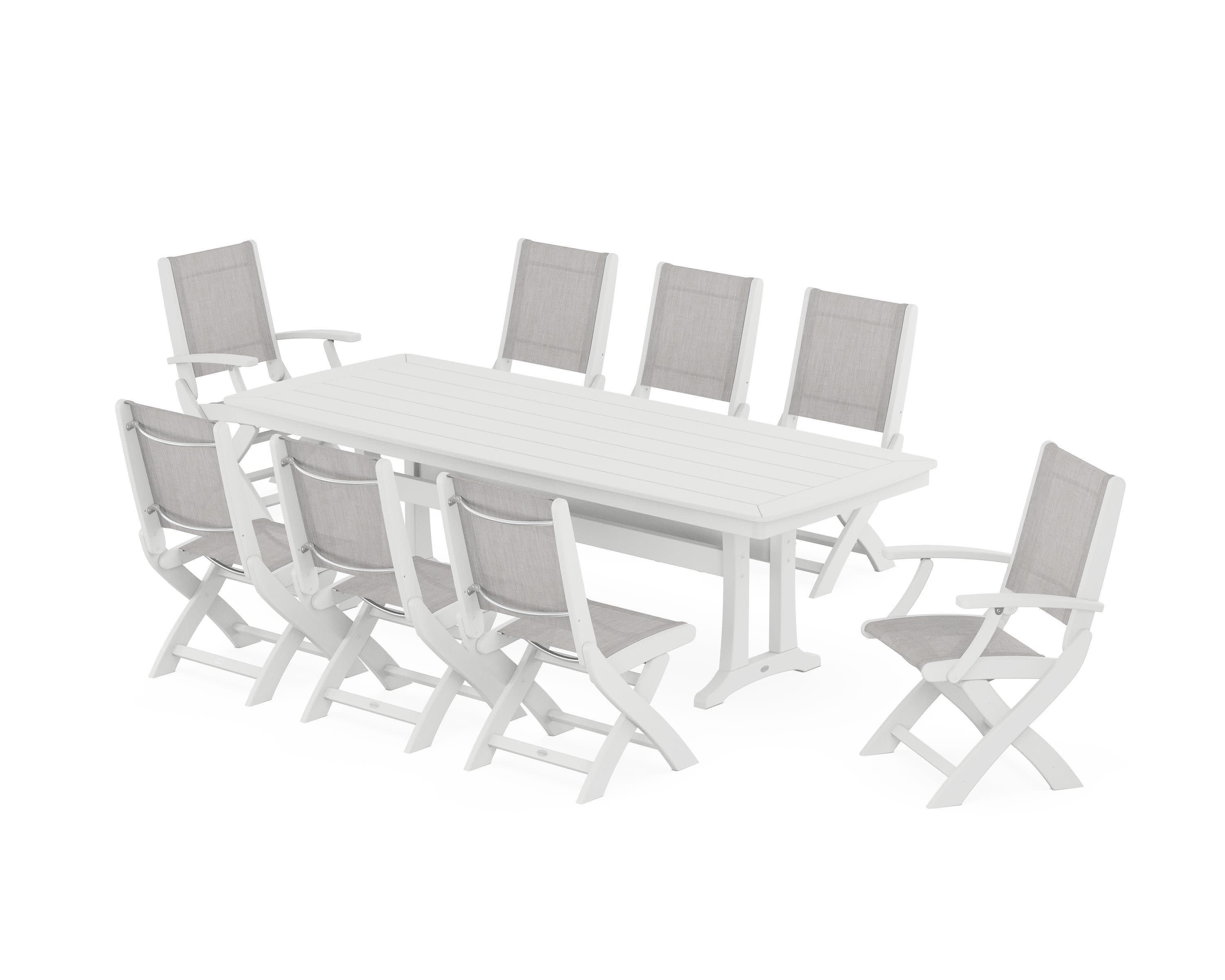 Coastal Folding 9-Piece Dining Set with Trestle Legs in White / Parchment Sling