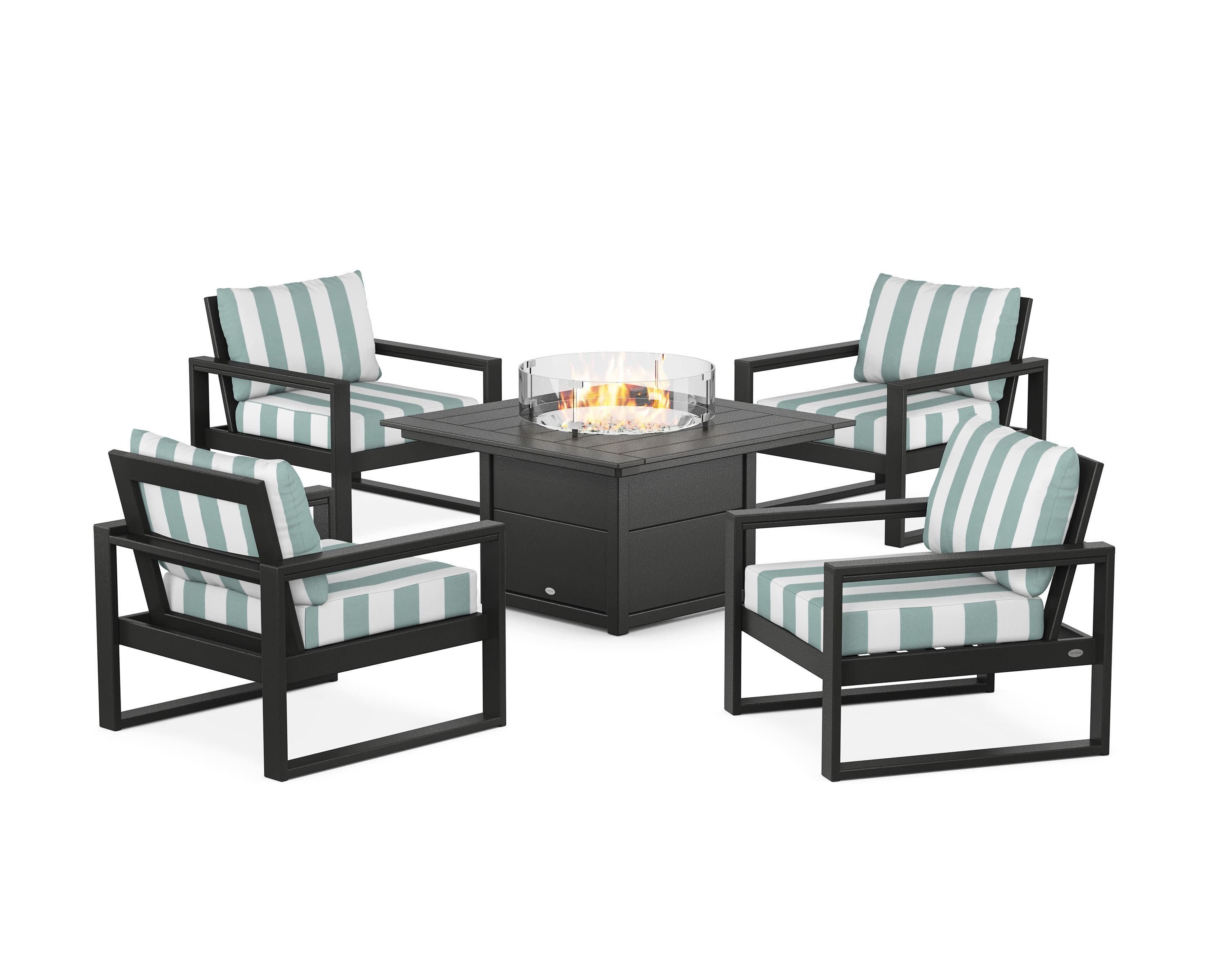 EDGE Sectional 5-Piece Deep Seating Set with Fire Pit Table in Black / Cabana Stripe Glacier Spa
