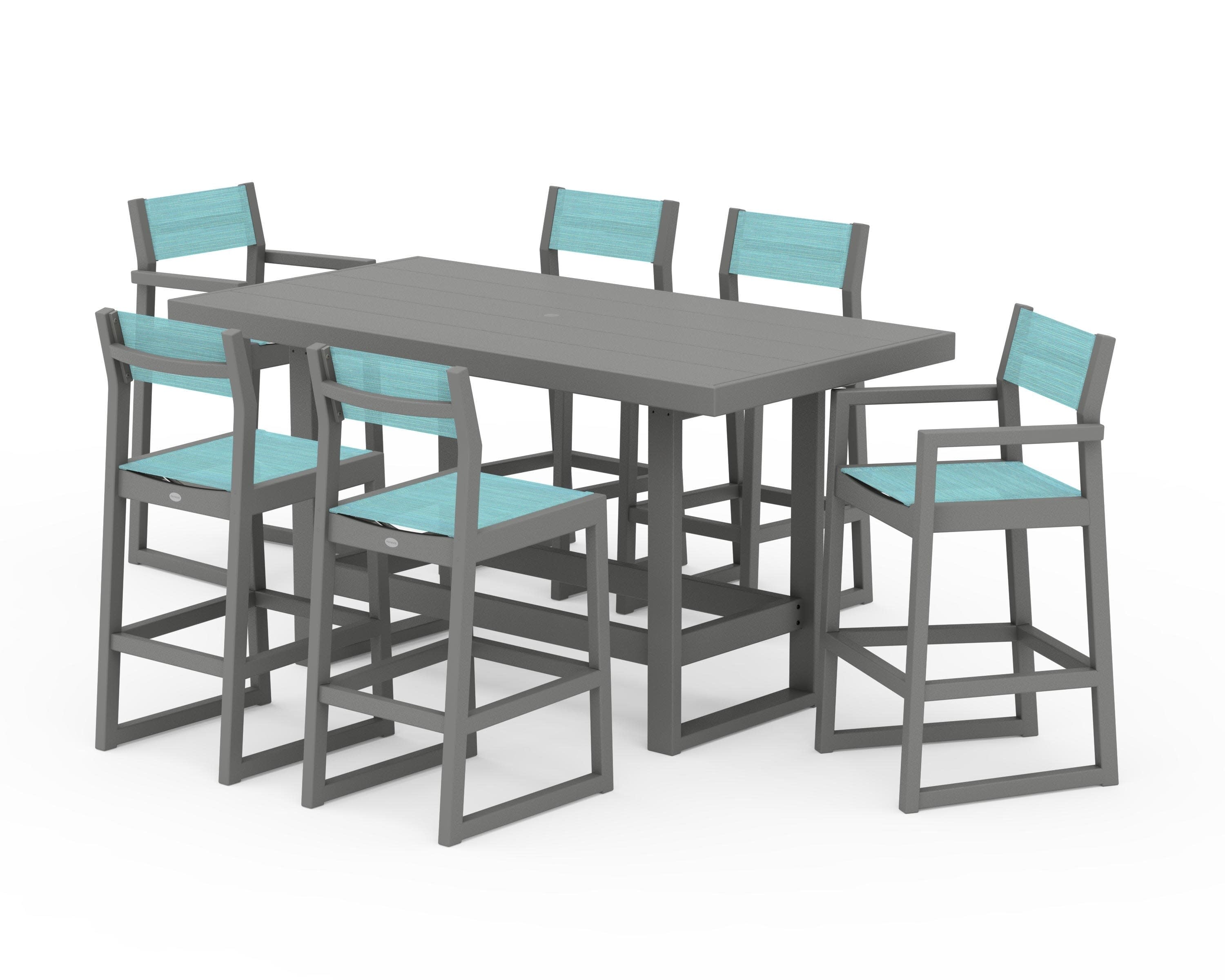 EDGE Sling 7-Piece Bar Table Set in Slate Grey / Dupioni Aquamarine Sling