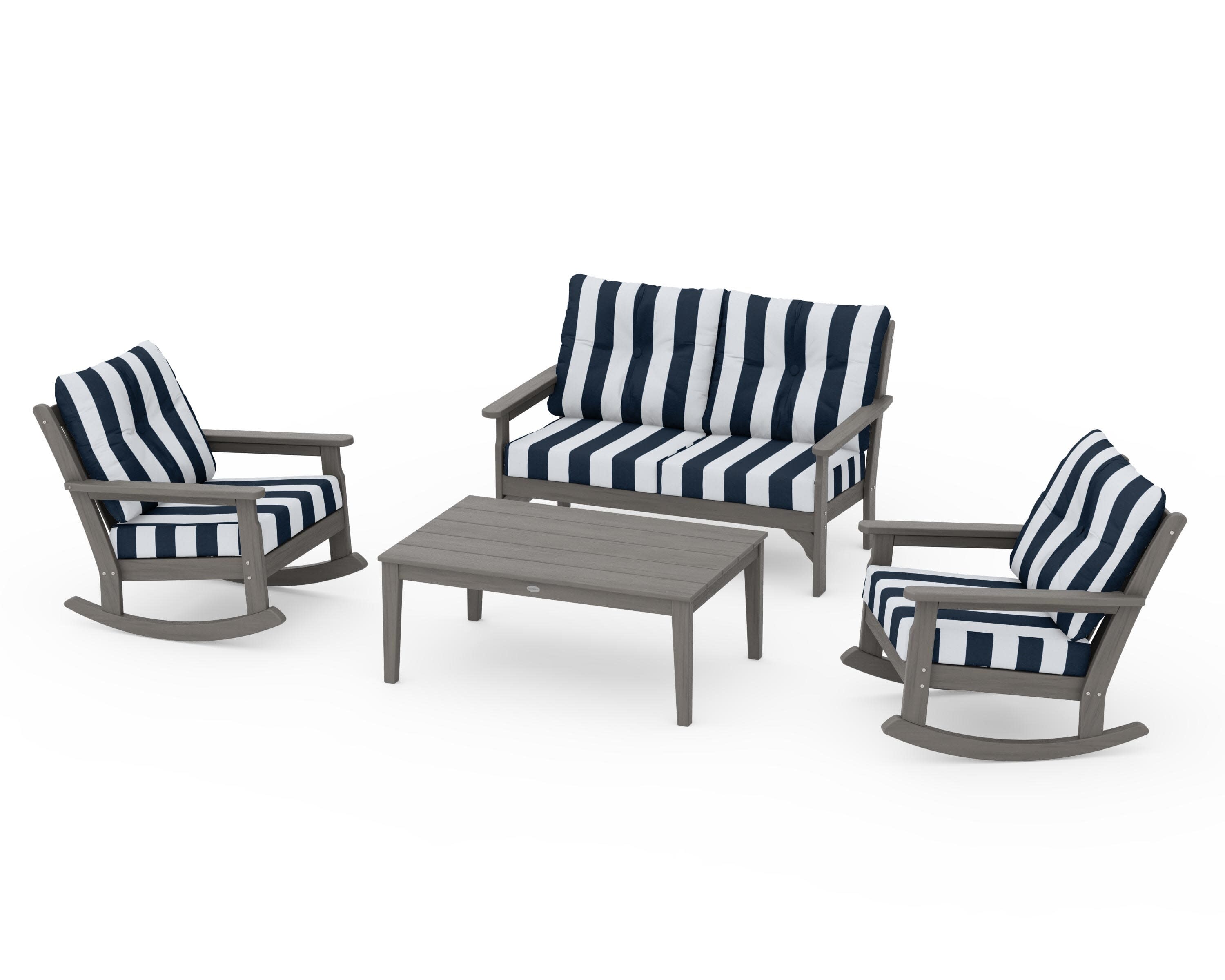 Vineyard 4-Piece Deep Seating Rocking Chair Set in Driftwood / Cabana Stripe Marine Indigo
