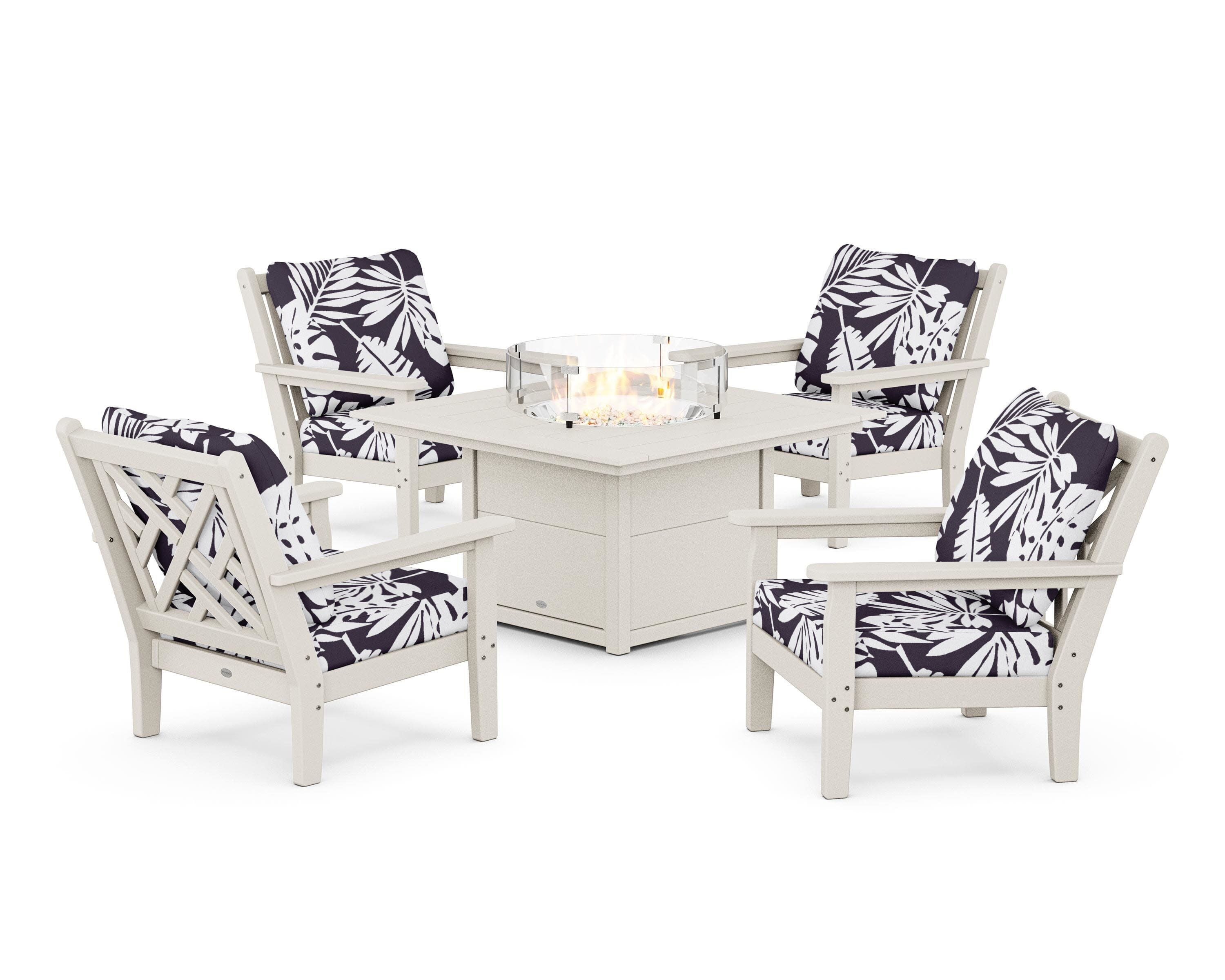 Chippendale 5-Piece Deep Seating Set with Fire Pit Table in Sand / Leaf Navy