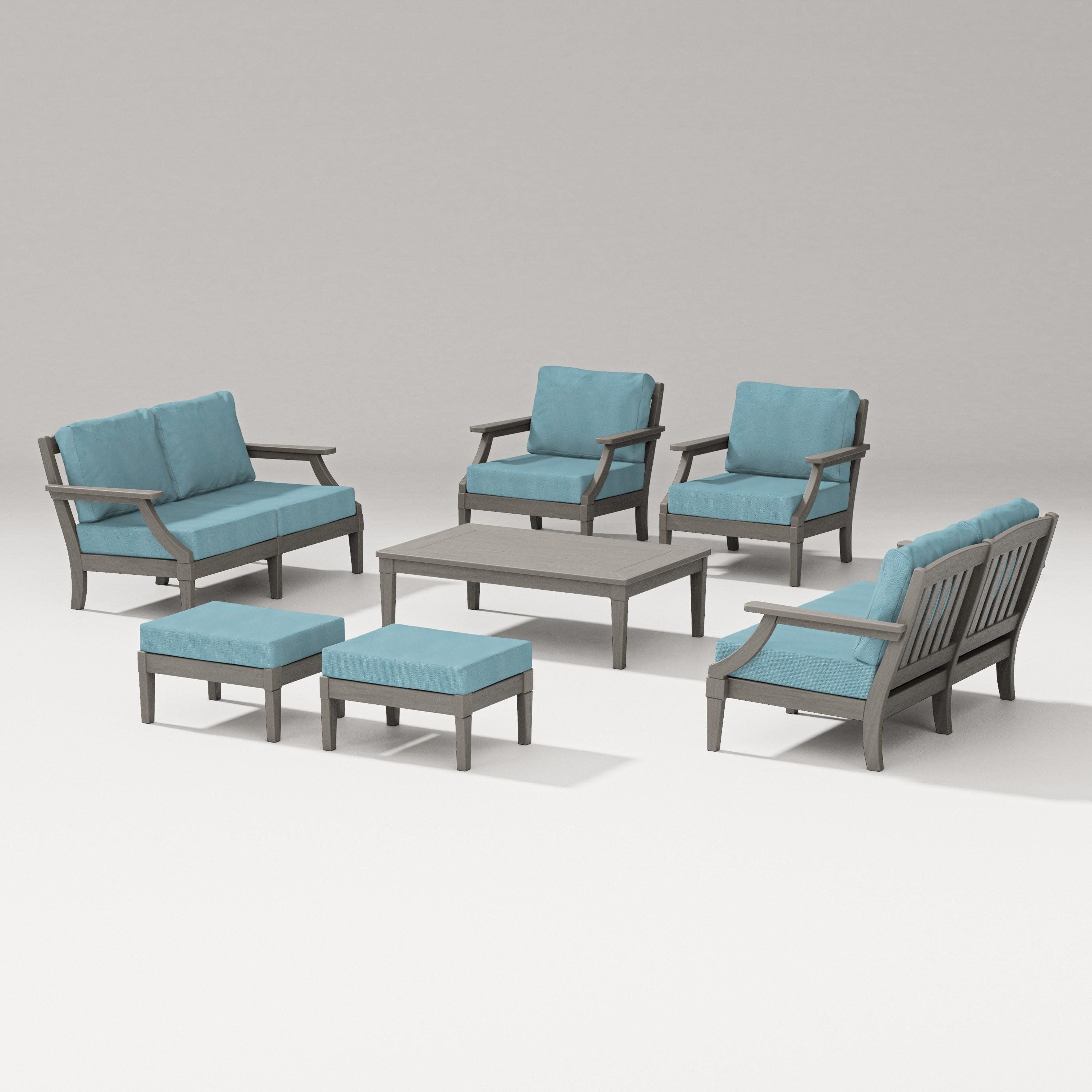 Estate 7-Piece Lounge Loveseat Set in Driftwood / Lattice Sky Blue