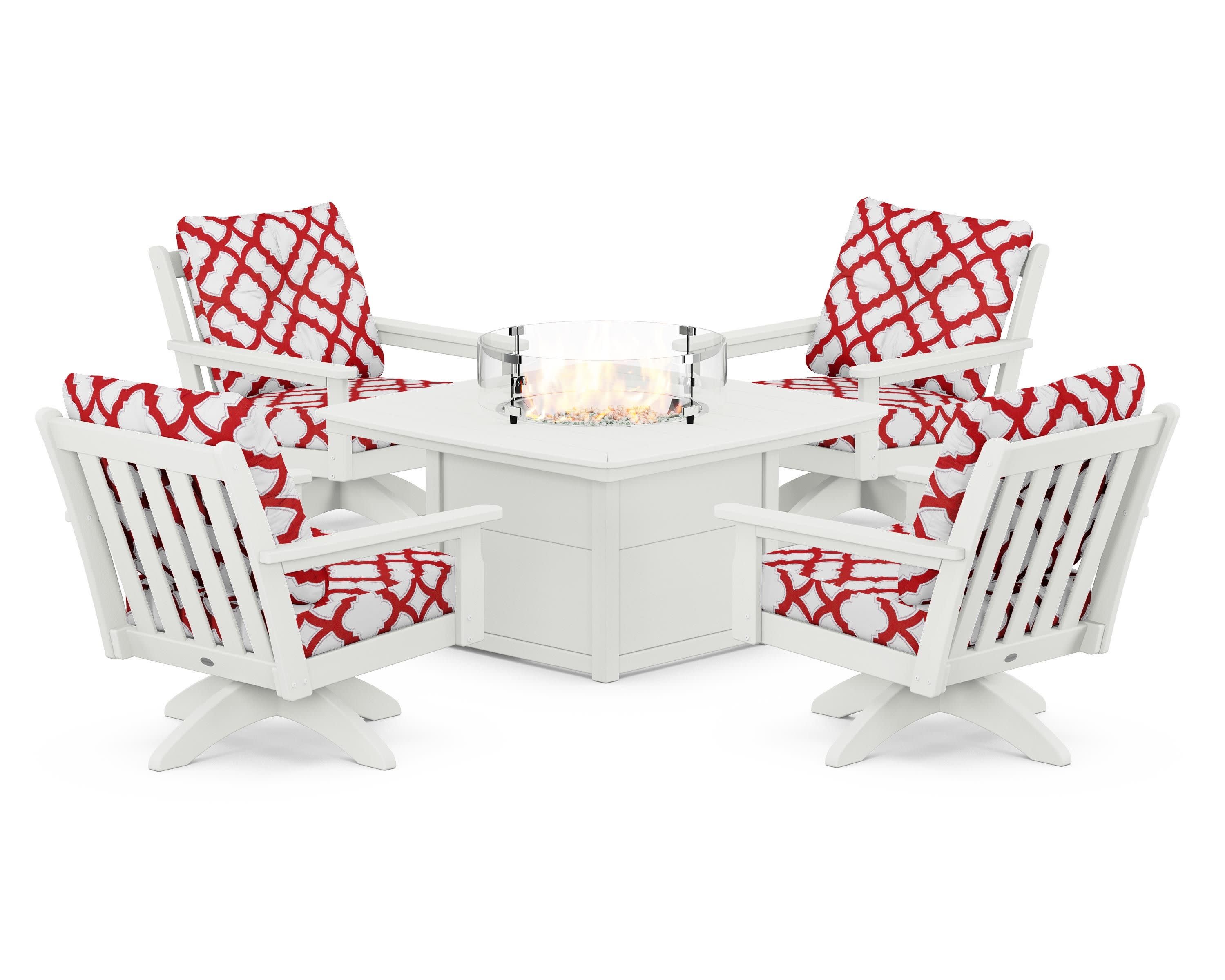 Vineyard 5-Piece Deep Seating Swivel Conversation Set with Fire Pit Table in Vintage White / Trellis Crimson