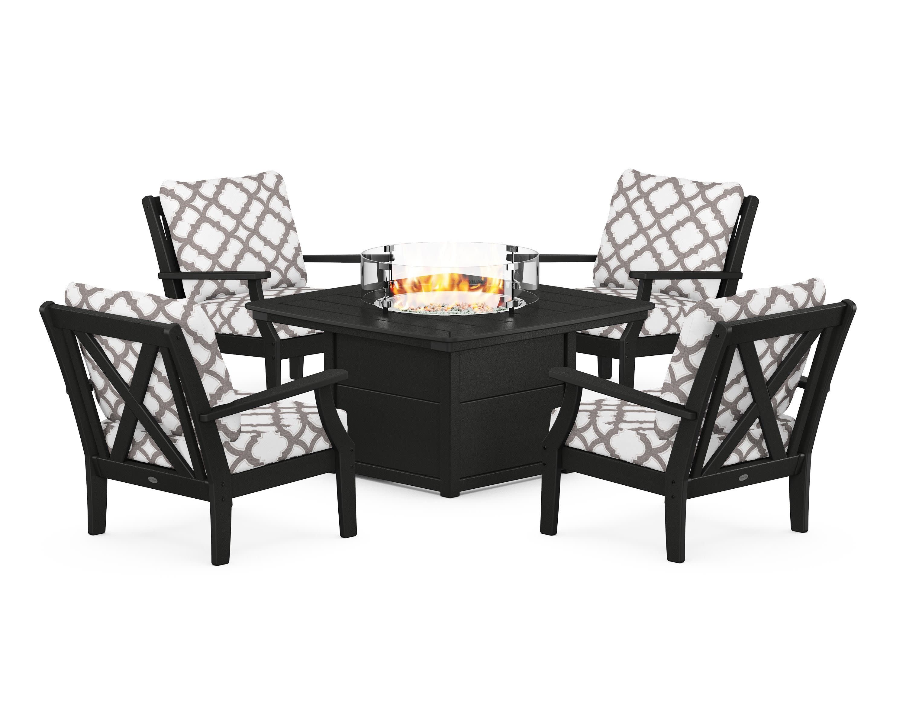 Braxton 5-Piece Deep Seating Conversation Set with Fire Pit Table in Black / Trellis Grey Mist
