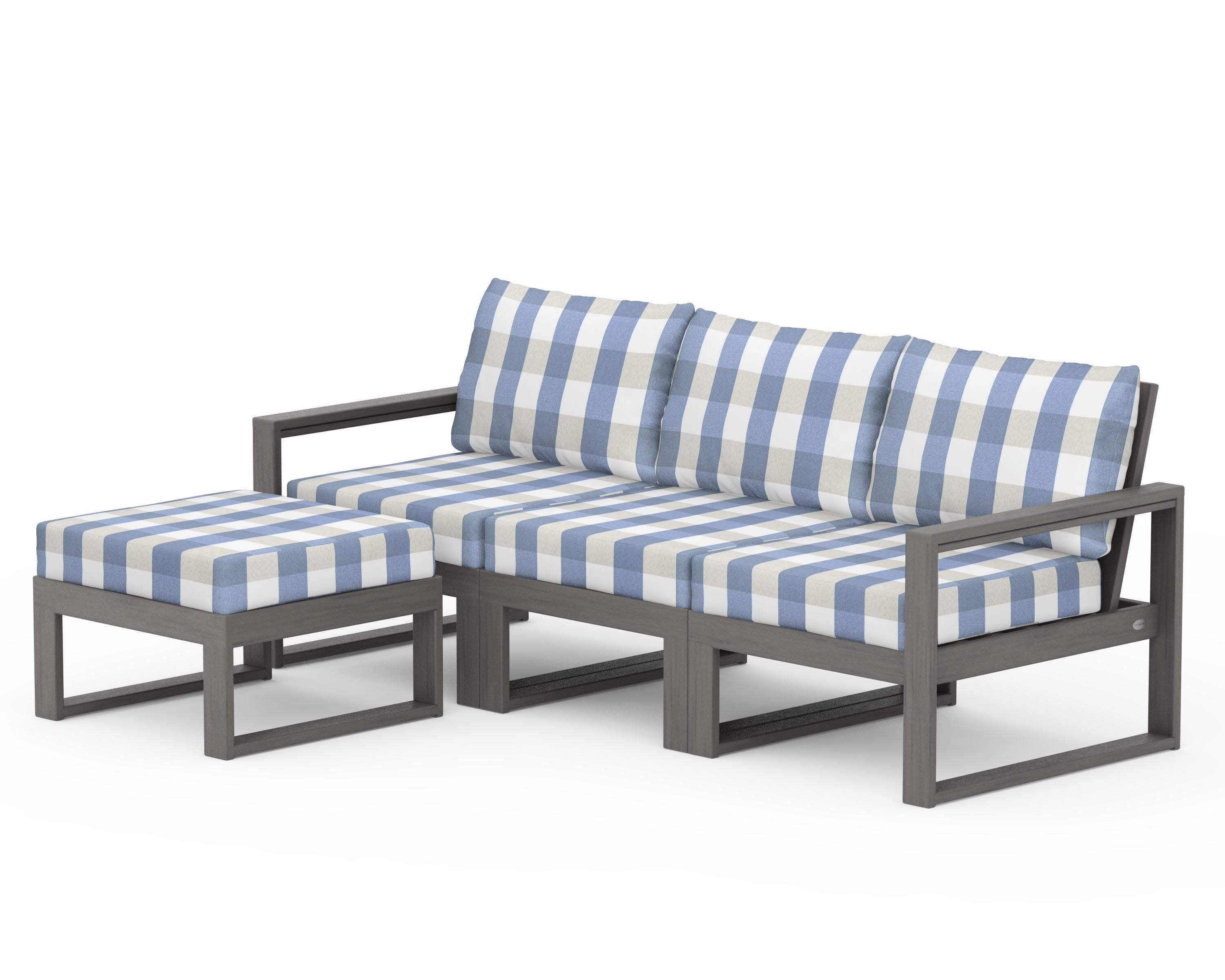 EDGE 4-Piece Modular Deep Seating Set with Ottoman in Driftwood / Buffalo Plaid Sky Blue