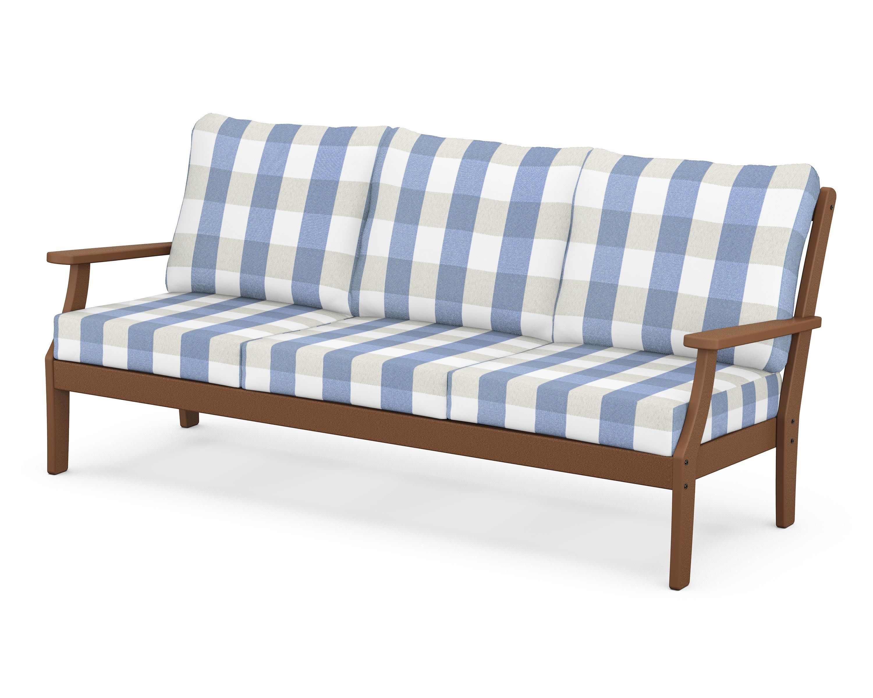 Braxton Deep Seating Sofa in Teak / Buffalo Plaid Sky Blue