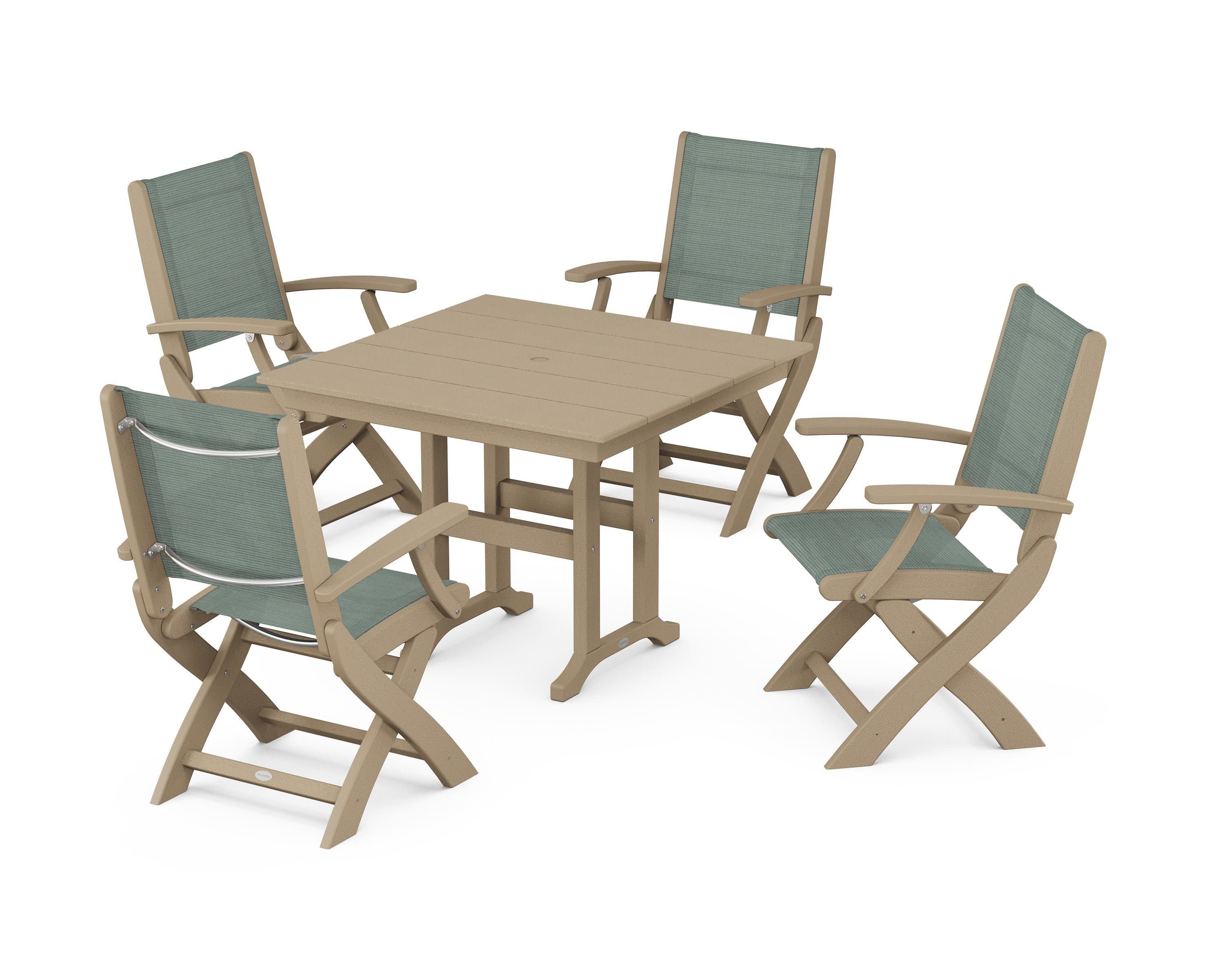 Coastal Folding Chair 5-Piece Farmhouse Dining Set in Vintage Sahara / Dupioni Sea Mist Sling