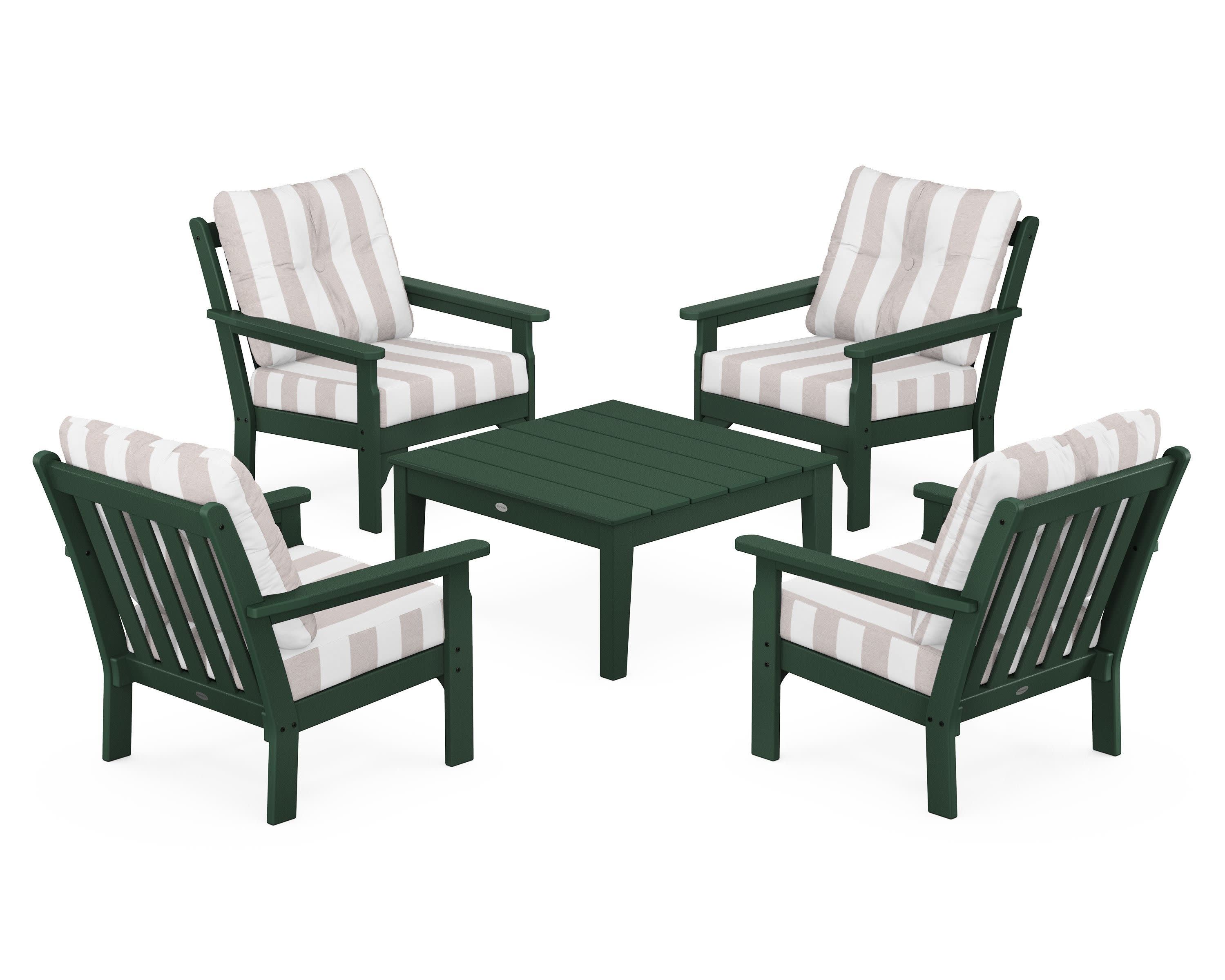 Vineyard 5-Piece Deep Seating Conversation Set in Green / Cabana Stripe Dune Burlap