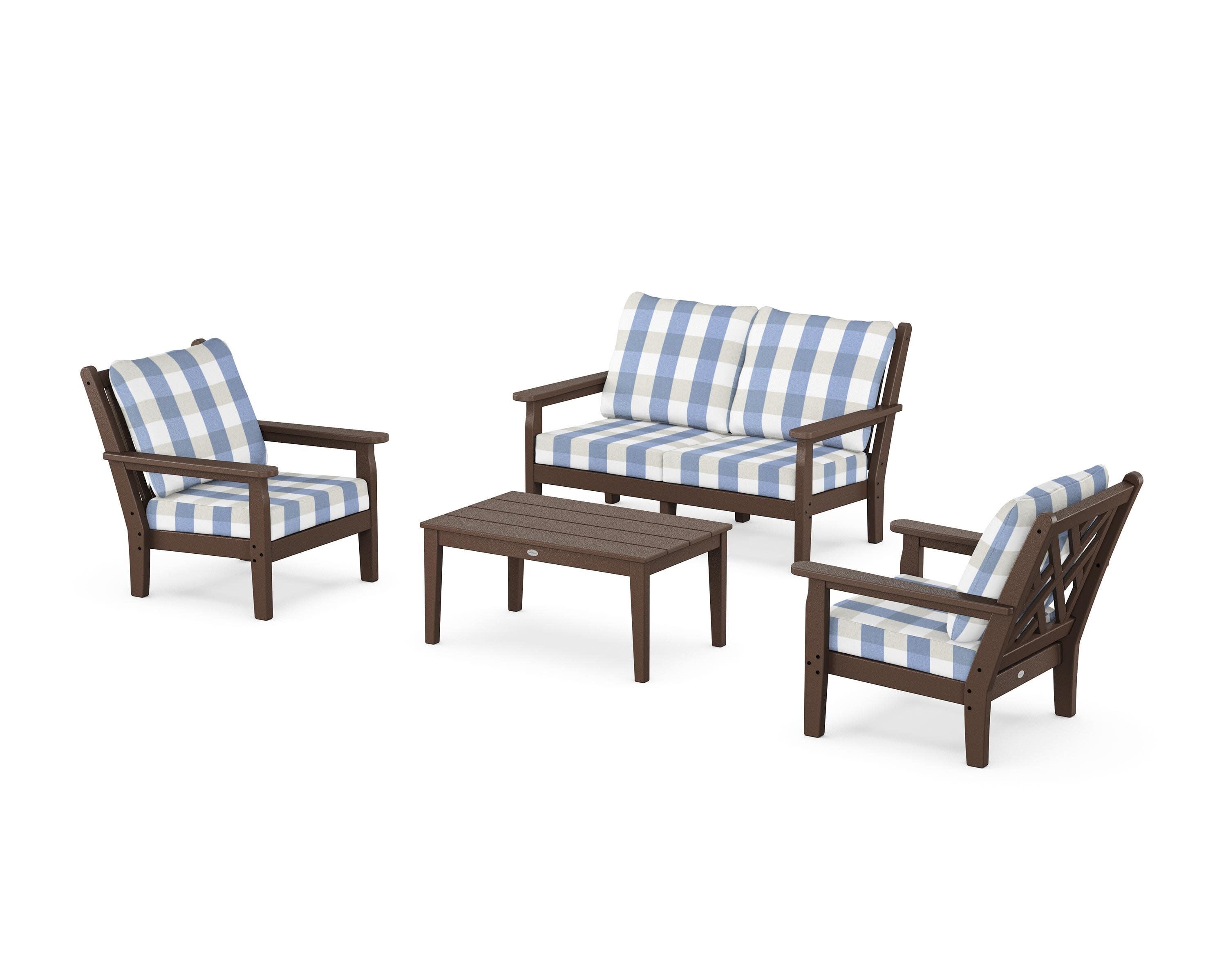 Chippendale 4-Piece Deep Seating Set with Loveseat in Mahogany / Buffalo Plaid Sky Blue