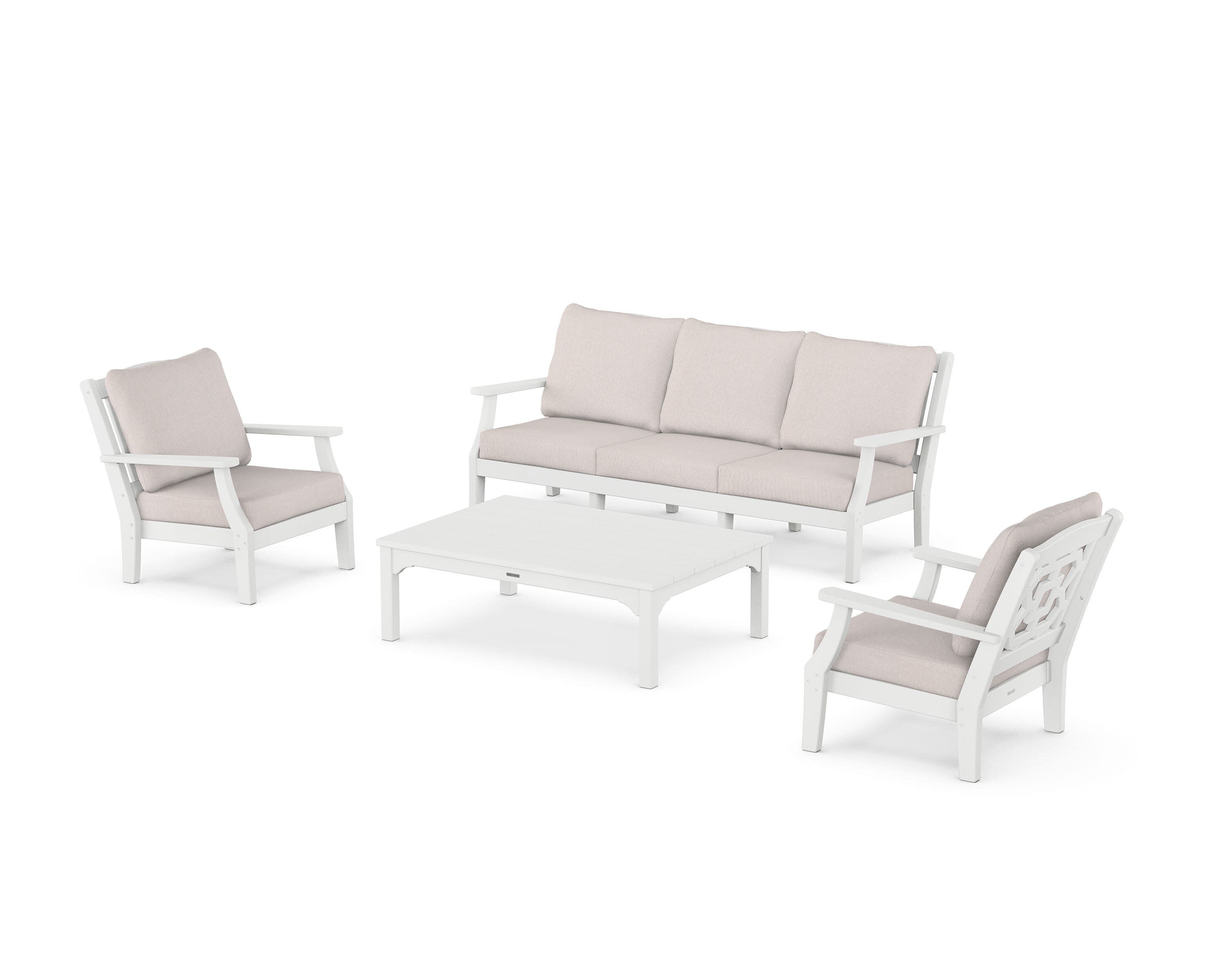 Chinoiserie 4-Piece Deep Seating Set with Sofa in White / Dune Burlap