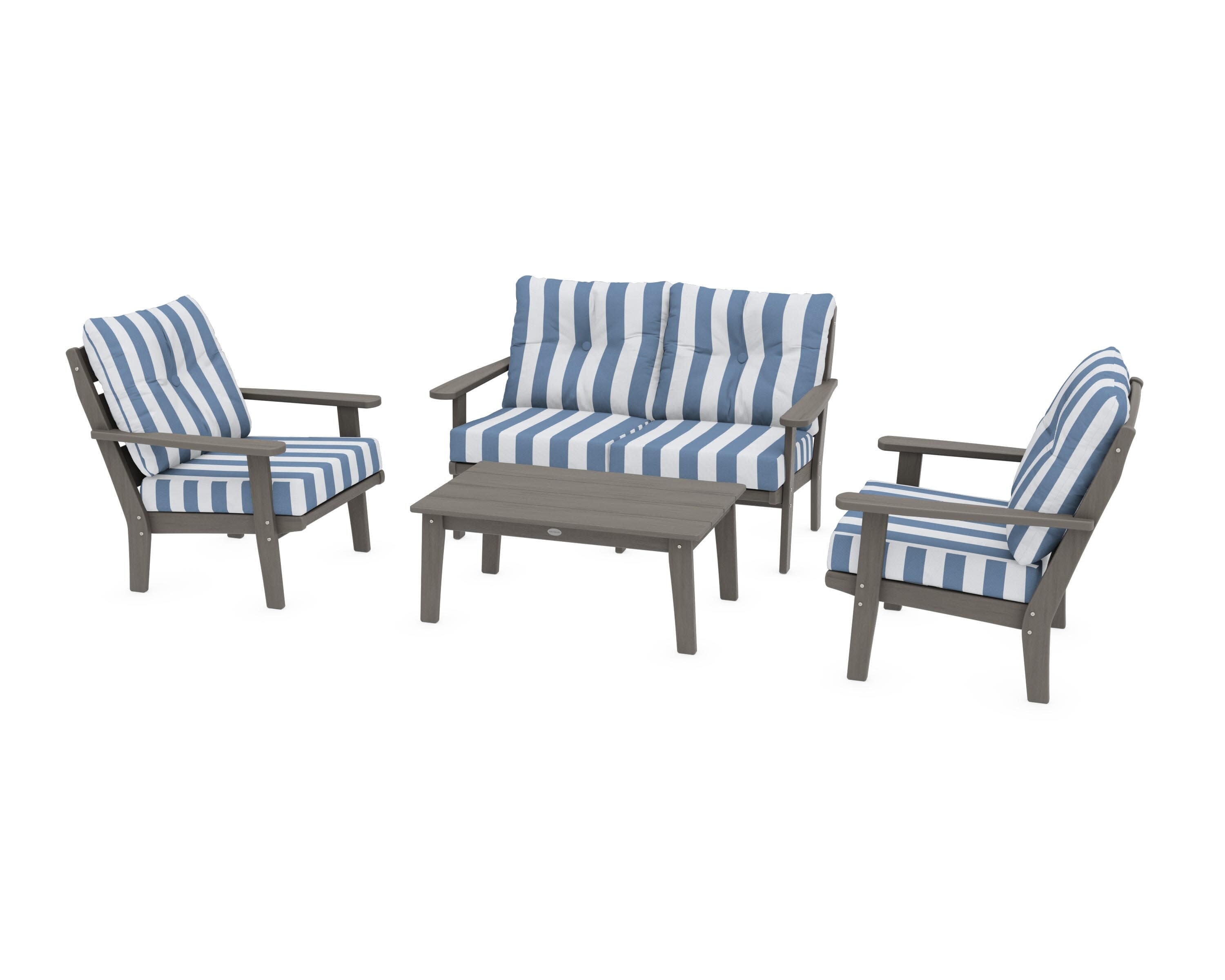 Lakeside 4-Piece Deep Seating Set in Driftwood / Cabana Stripe Sky Blue