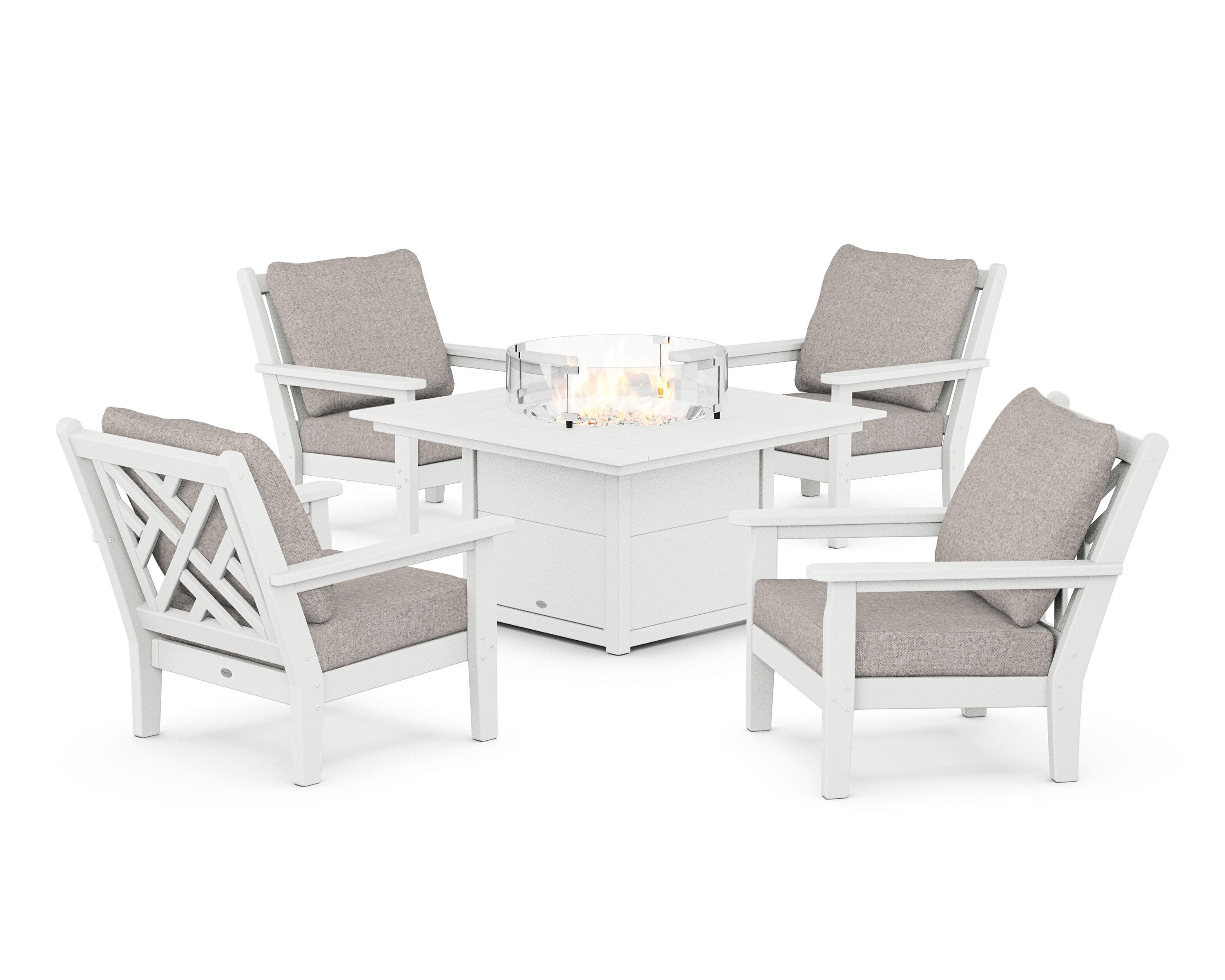 Chippendale 5-Piece Deep Seating Set with Fire Pit Table in White / Weathered Tweed