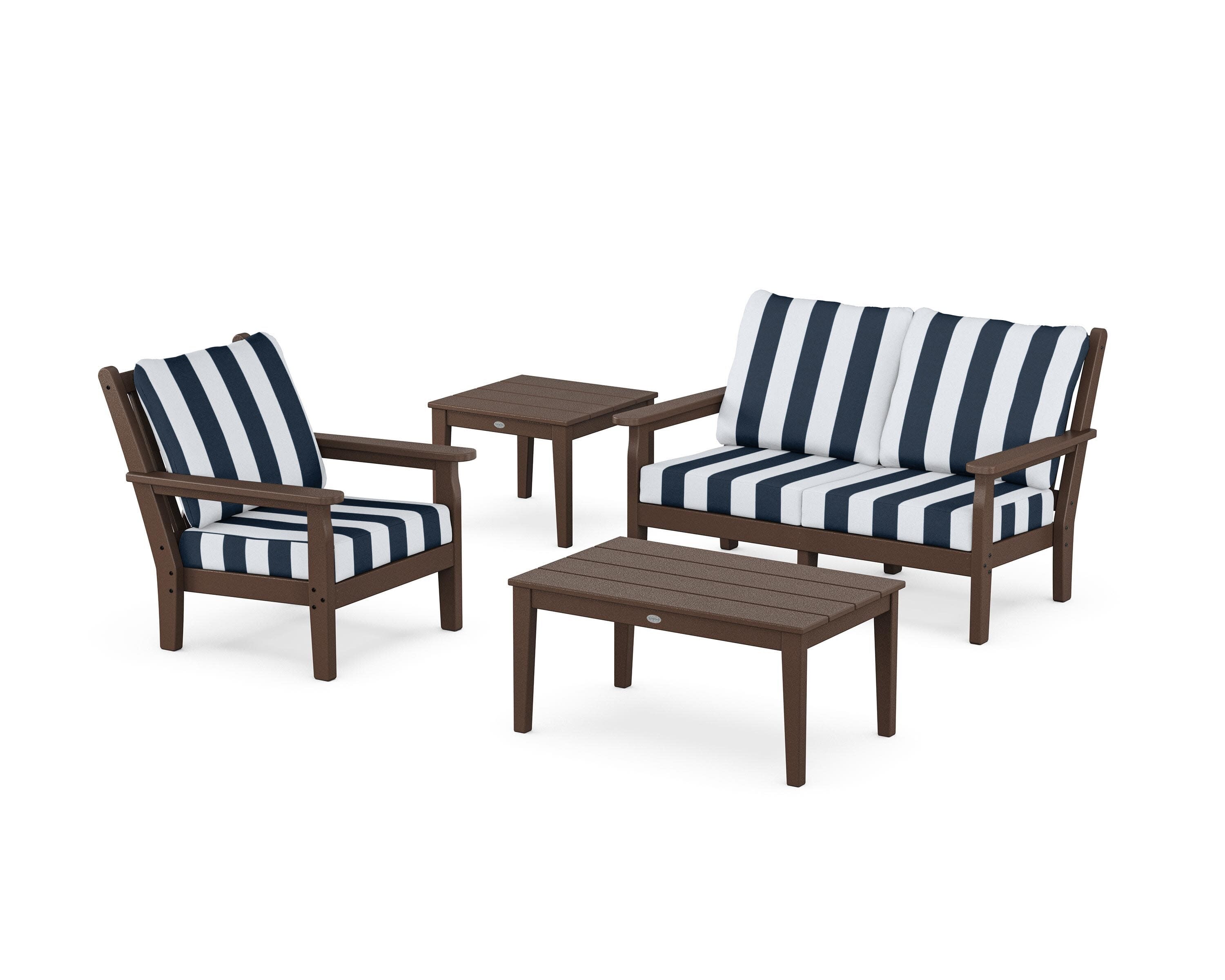 Chippendale 4-Piece Deep Seating Set in Mahogany / Cabana Stripe Marine Indigo