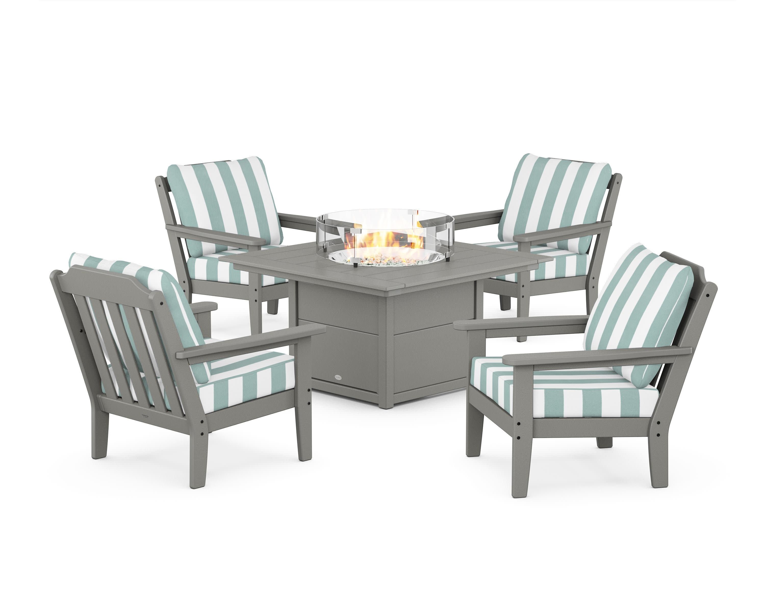 Cottage 5-Piece Deep Seating Set with Fire Pit Table in Slate Grey / Cabana Stripe Glacier Spa