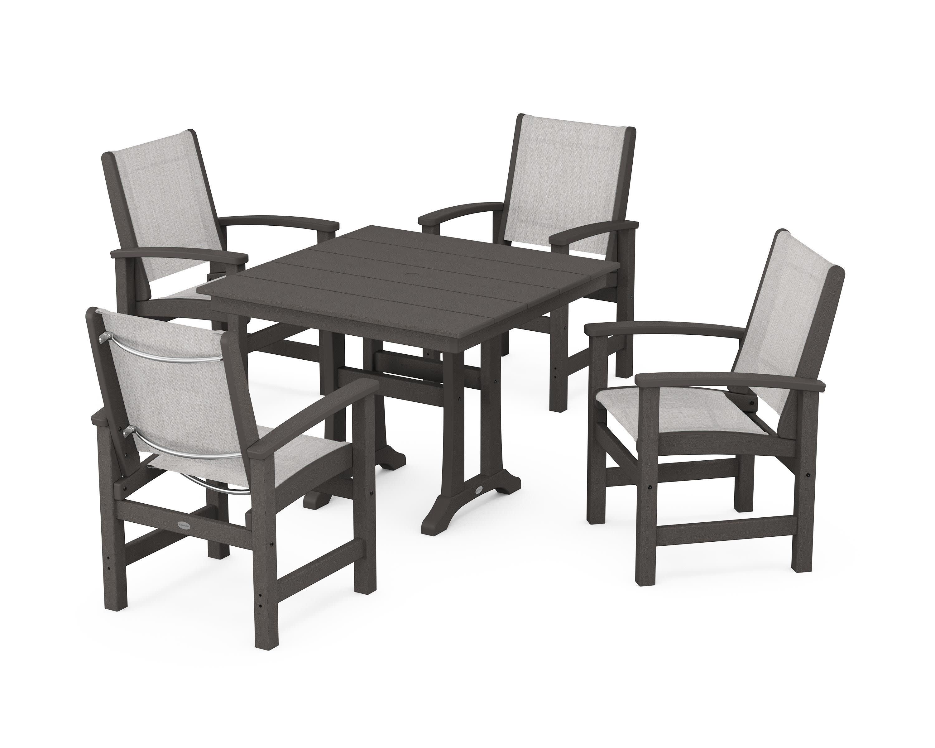 Coastal 5-Piece Farmhouse Dining Set With Trestle Legs in Vintage Coffee / Parchment Sling