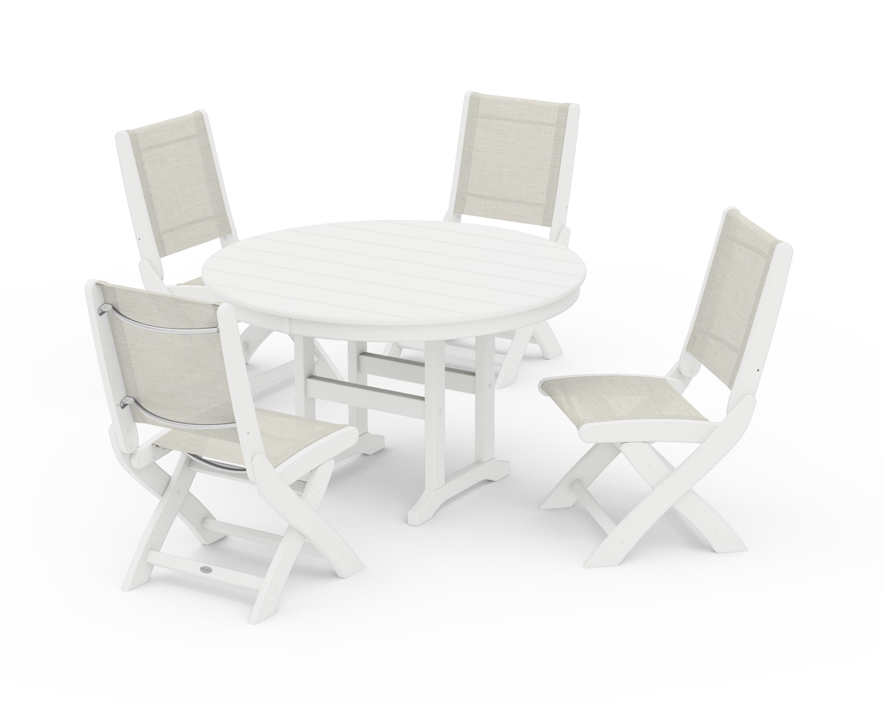 Coastal Folding Side Chair 5-Piece Round Dining Set in White / Parchment Sling